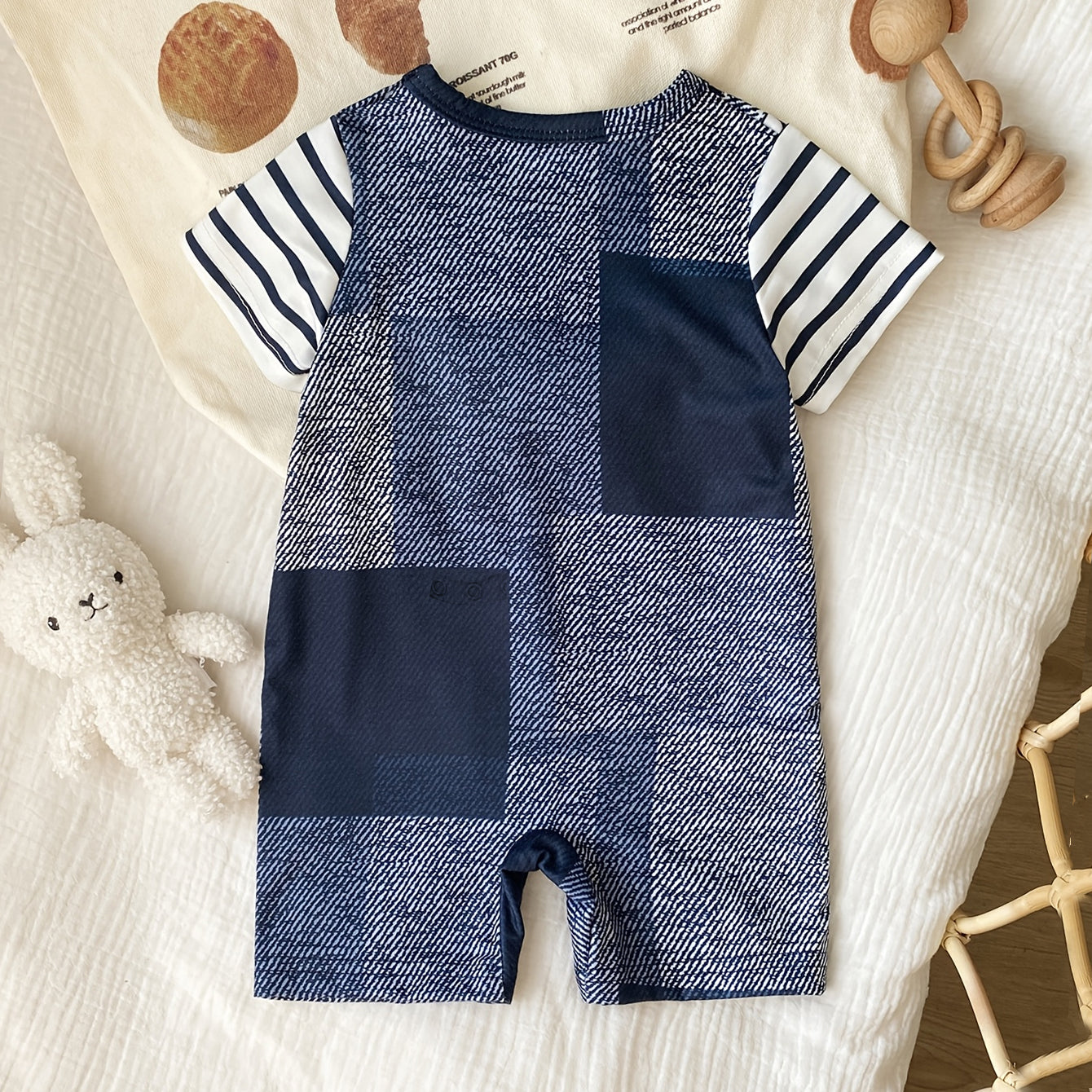 Cute Teddy Bear and Stripe Printed Short Sleeve Baby Jumpsuit