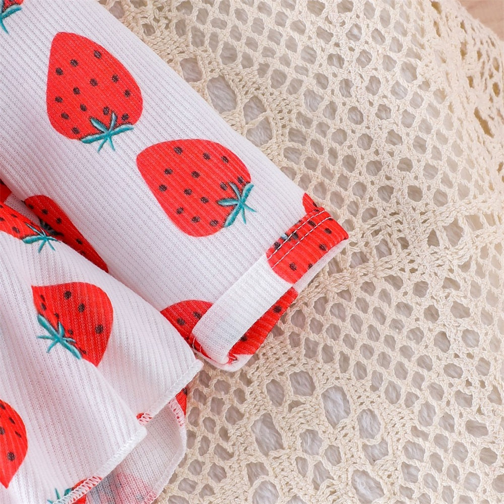 3PCS Strawberry Printed Ruffled Long Sleeve Baby Romper