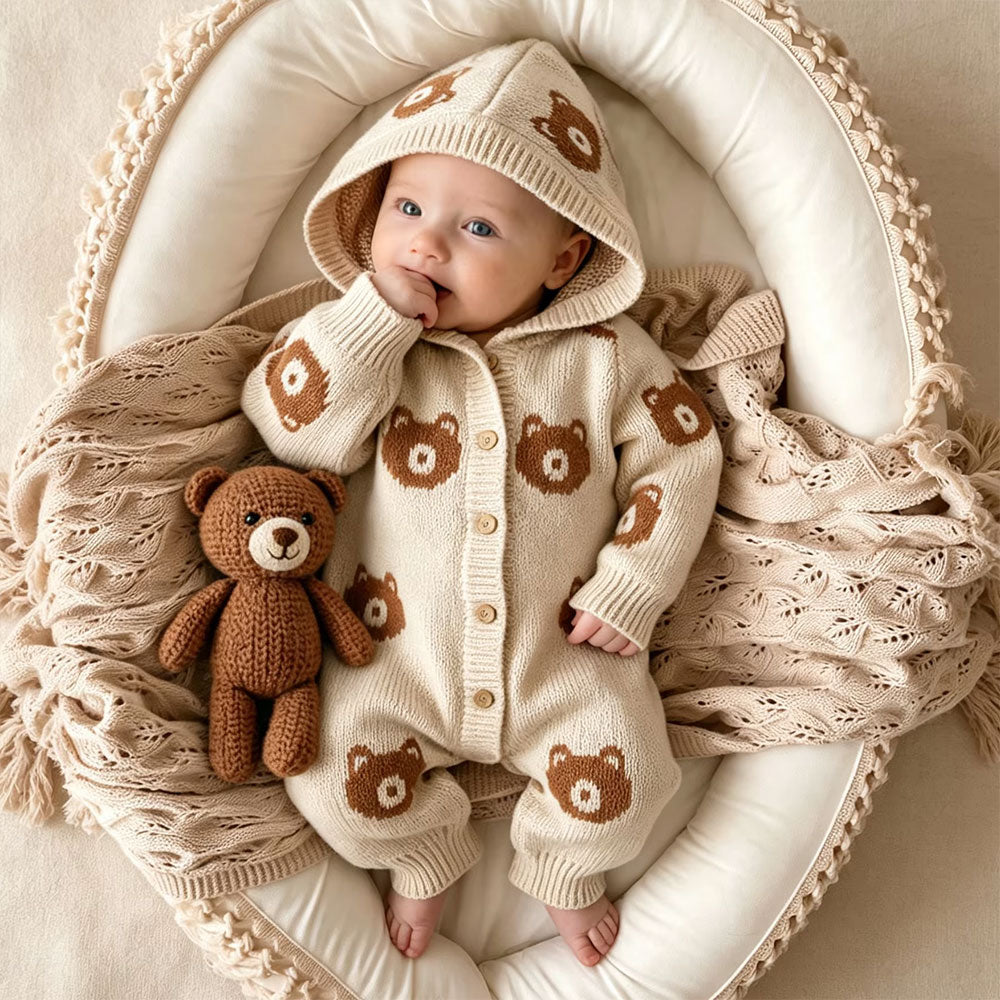 Cozy Bear Printed Hoodie Long Sleeve Knit Baby Jumpsuit