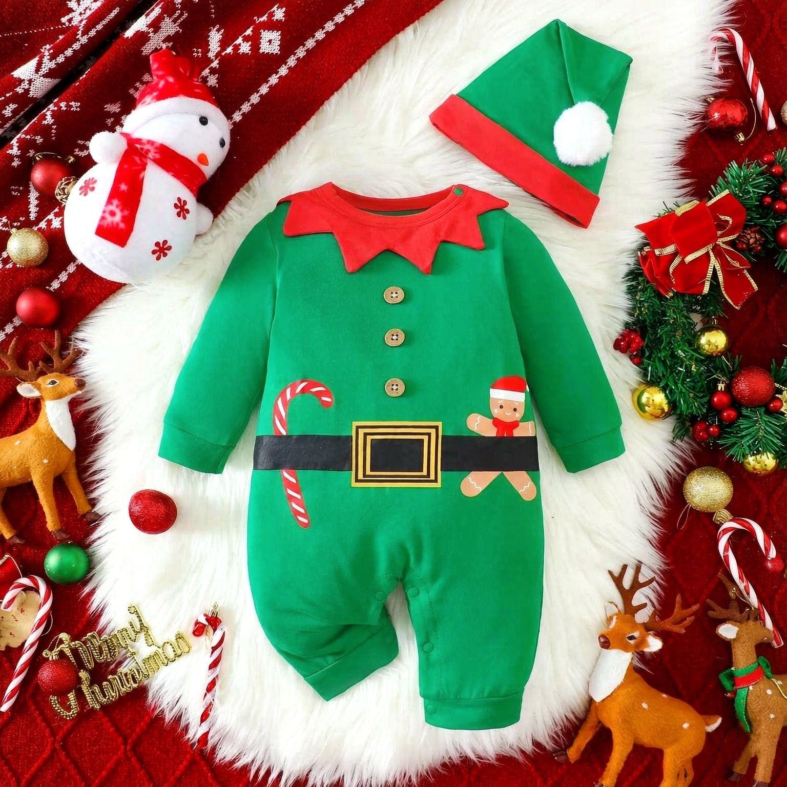 2PCS Lovely Christmas Gingerbread Print Long Sleeve Baby Jumpsuit