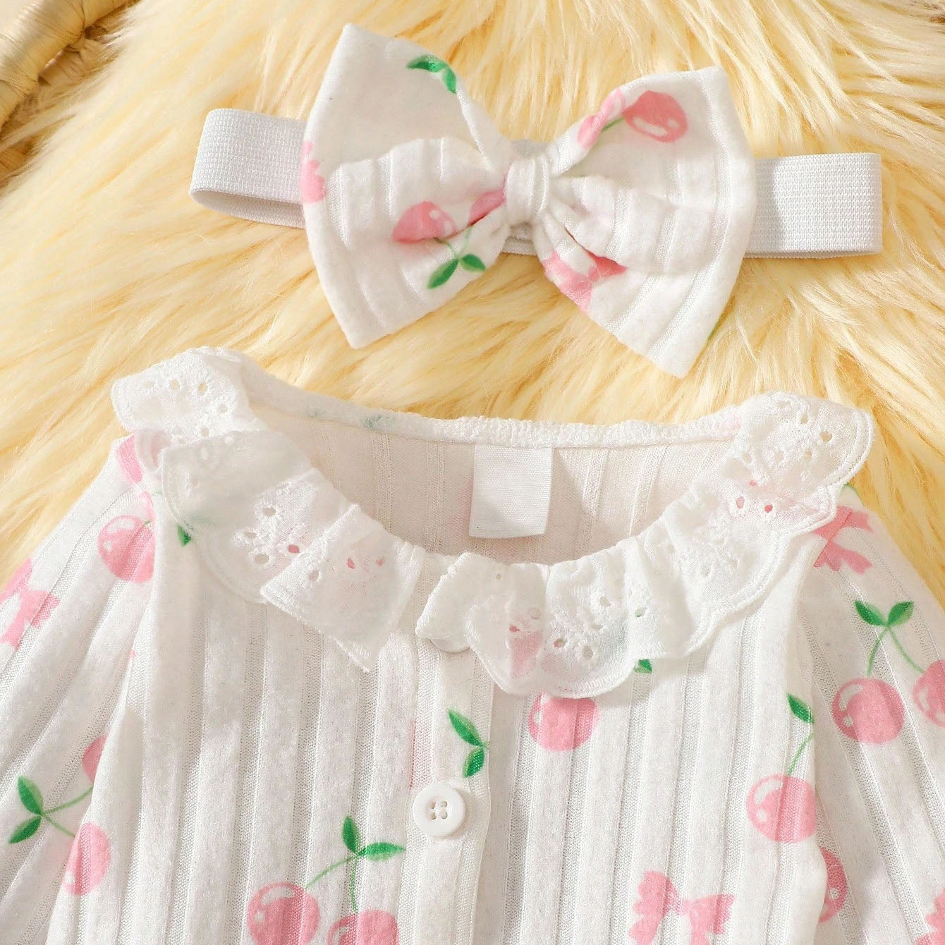 3PCS Cute Cherry Printed Knit Long Sleeve Baby Set