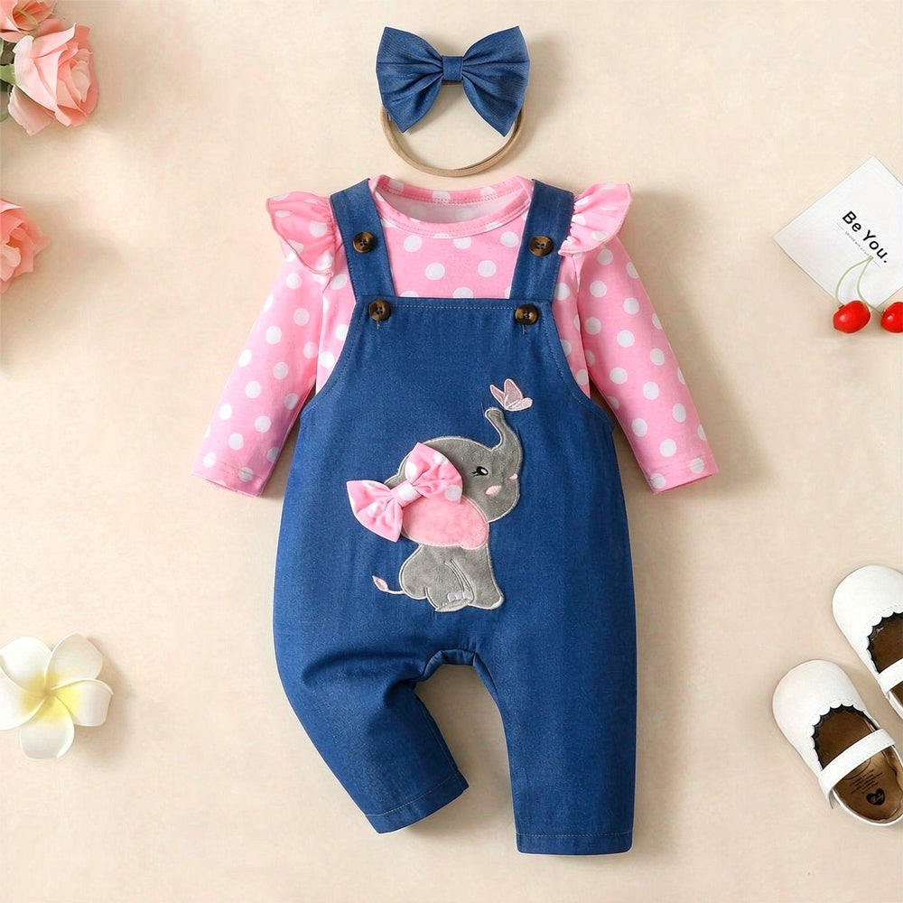 3PCS Polka-dot Top Print Elephant Embroidery Overalls Baby Set