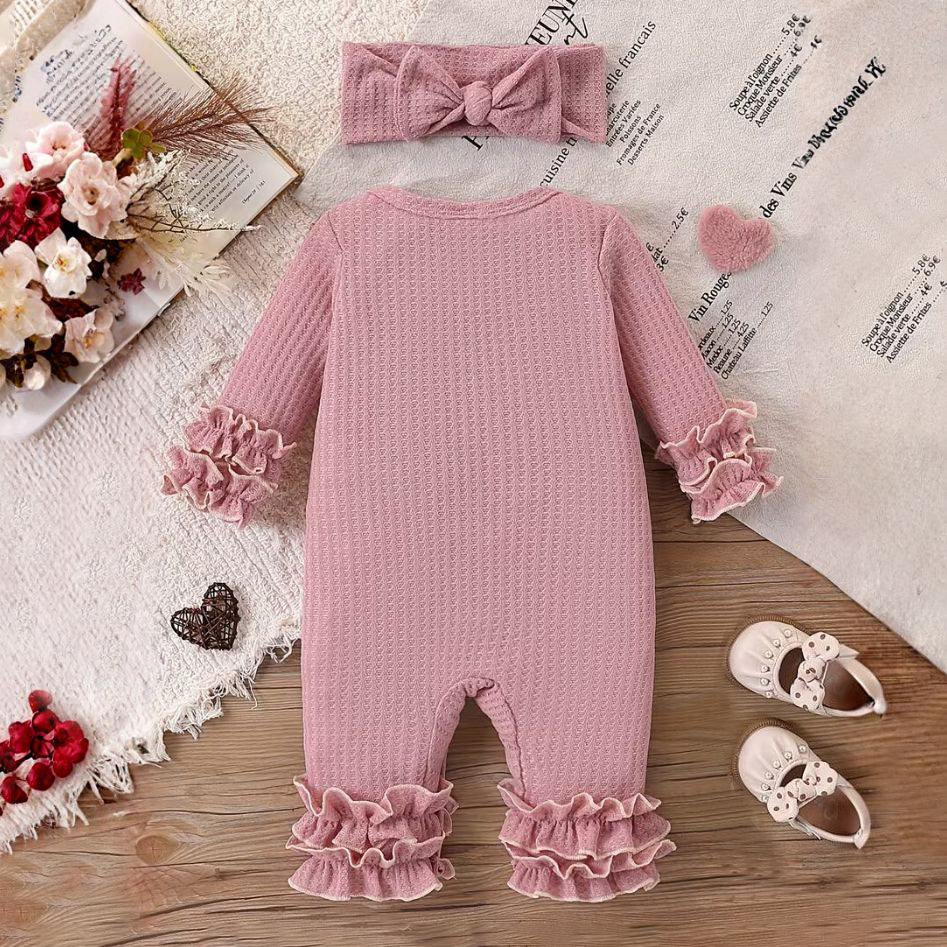 2PCS Hello I'm New Here Letter Printed Ruffle Baby Jumpsuit