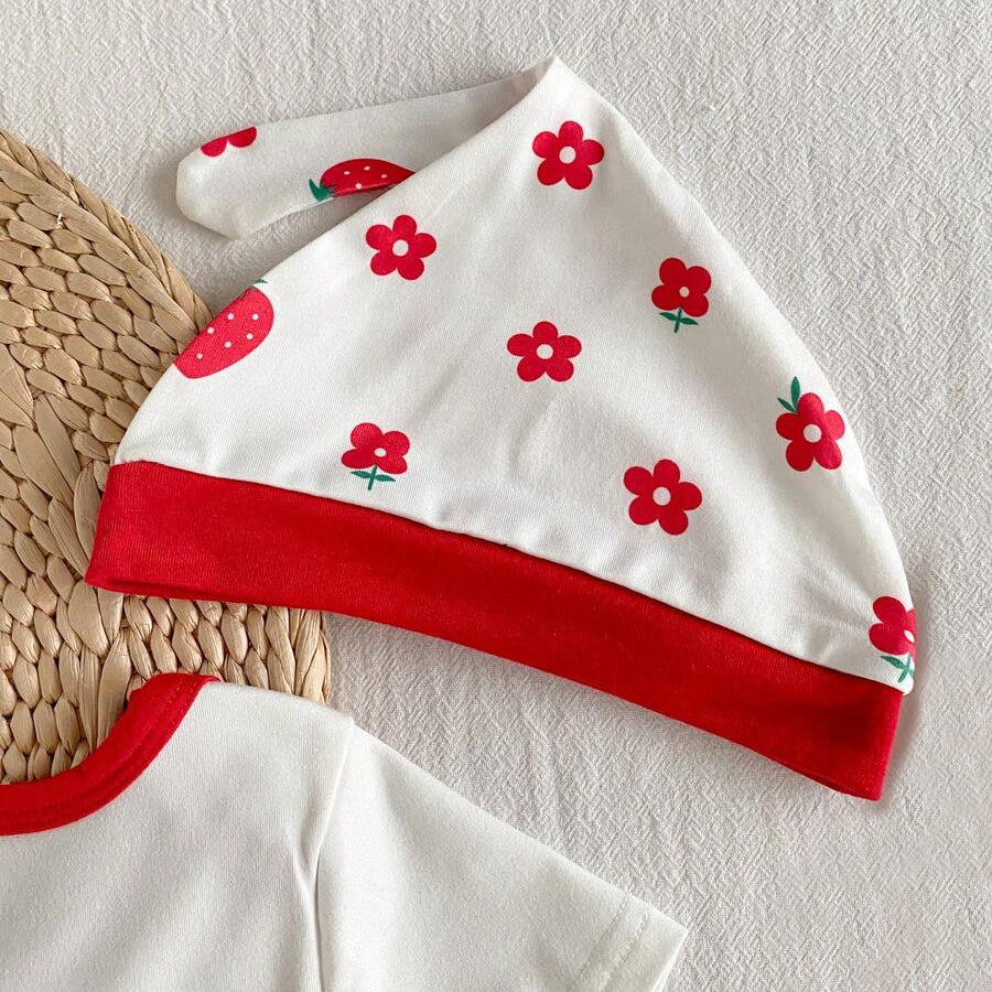 3PCS Vibrant Strawberry & Floral Print Short Sleeve Baby Set