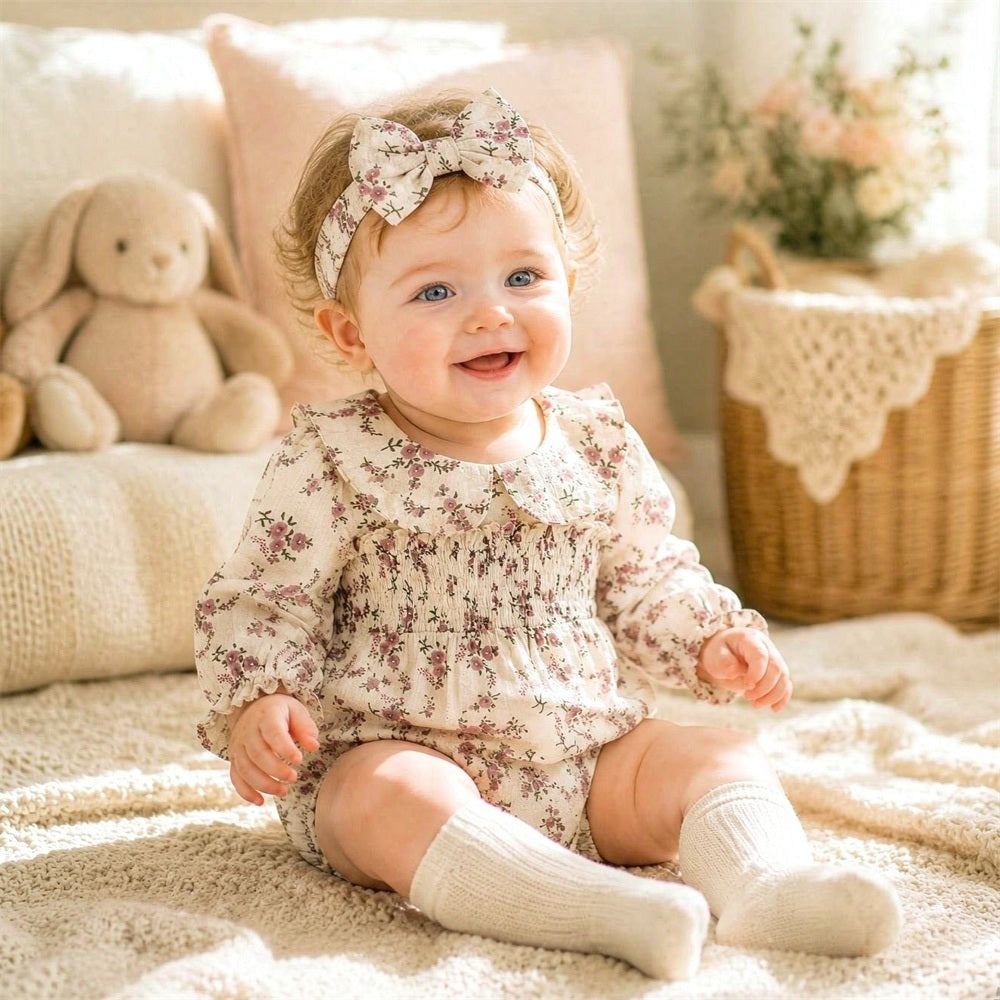 2PCS Quirky Floral Printed Long Sleeve Baby Girl Romper