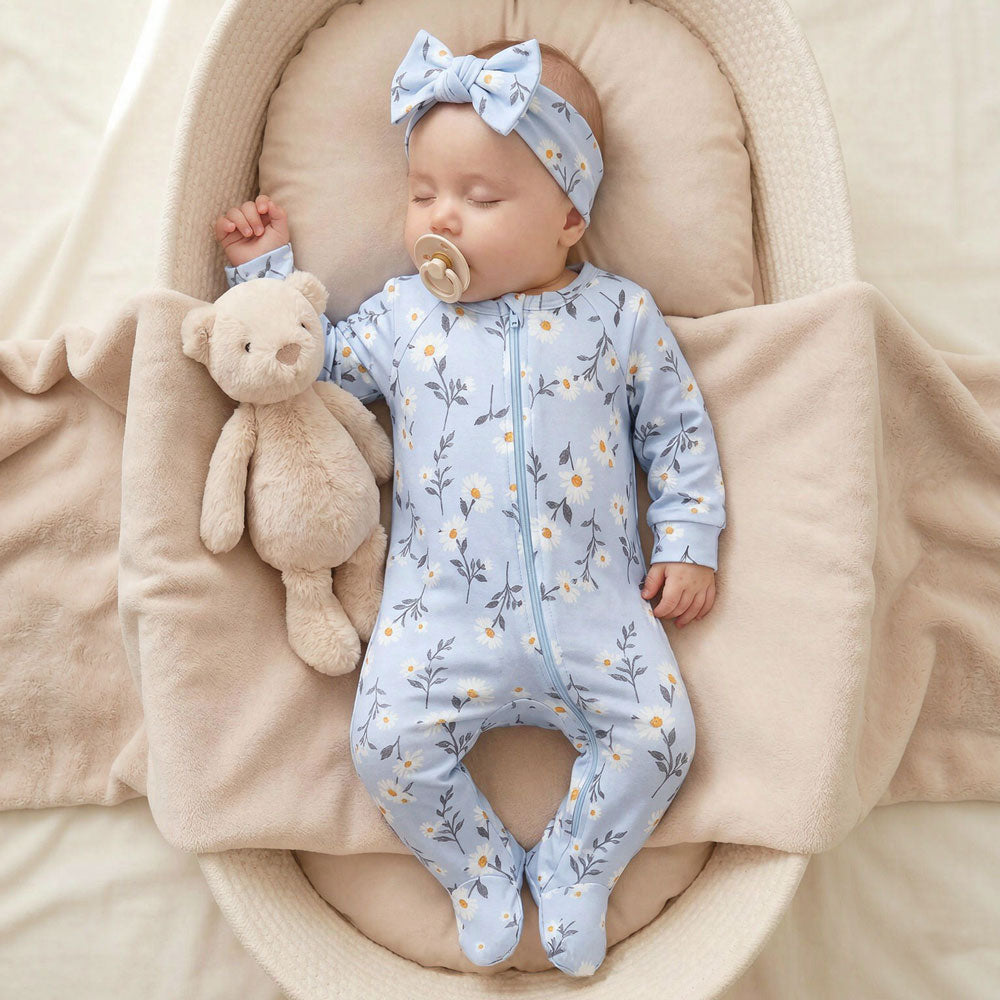 2PCS Sweet Daisy Print Long Sleeve Zipper Baby Jumpsuit