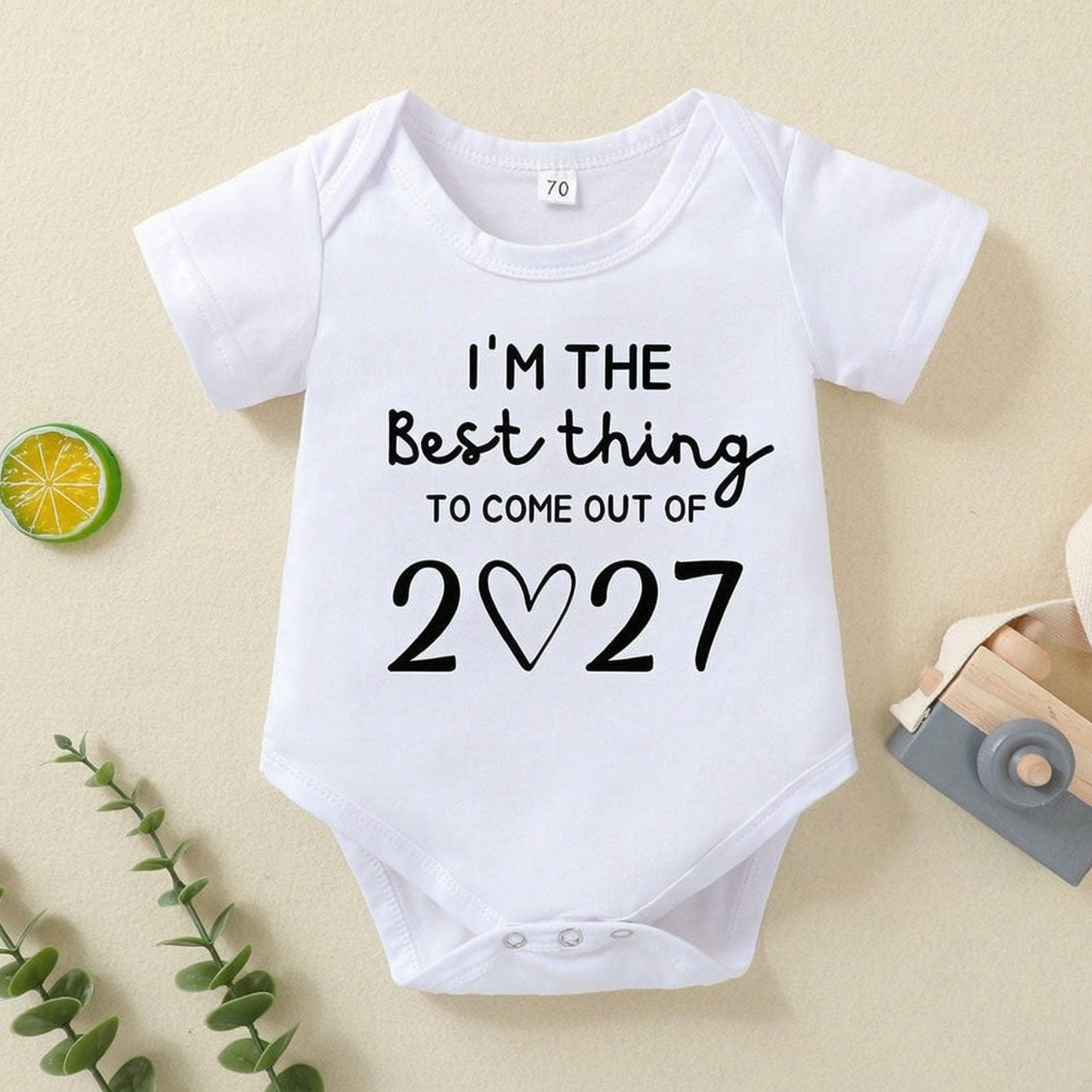 Cute Best Thing 2027 Letter Print Short Sleeve Baby Romper