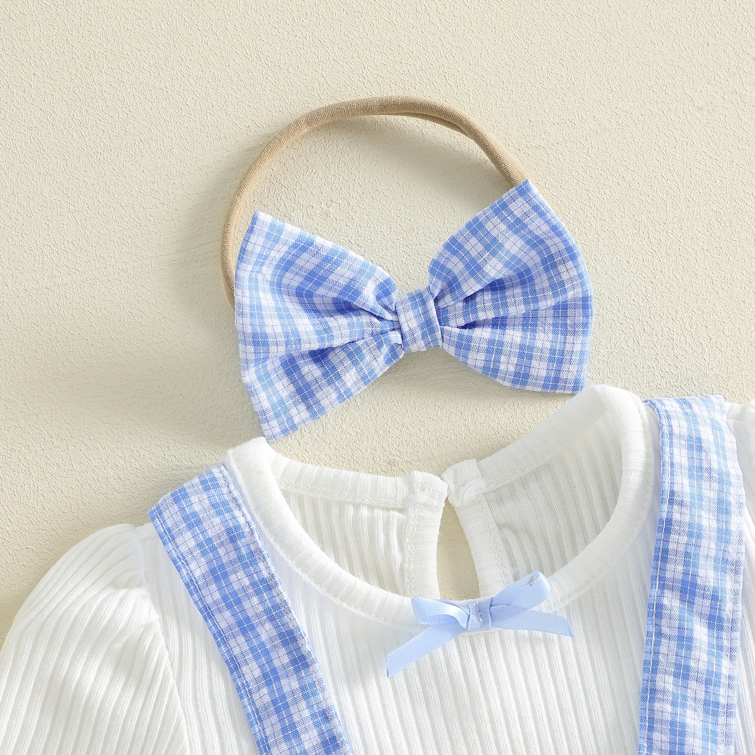 2PCS Stylish Plaid Print Eyelet Lace Long Sleeve Baby Romper
