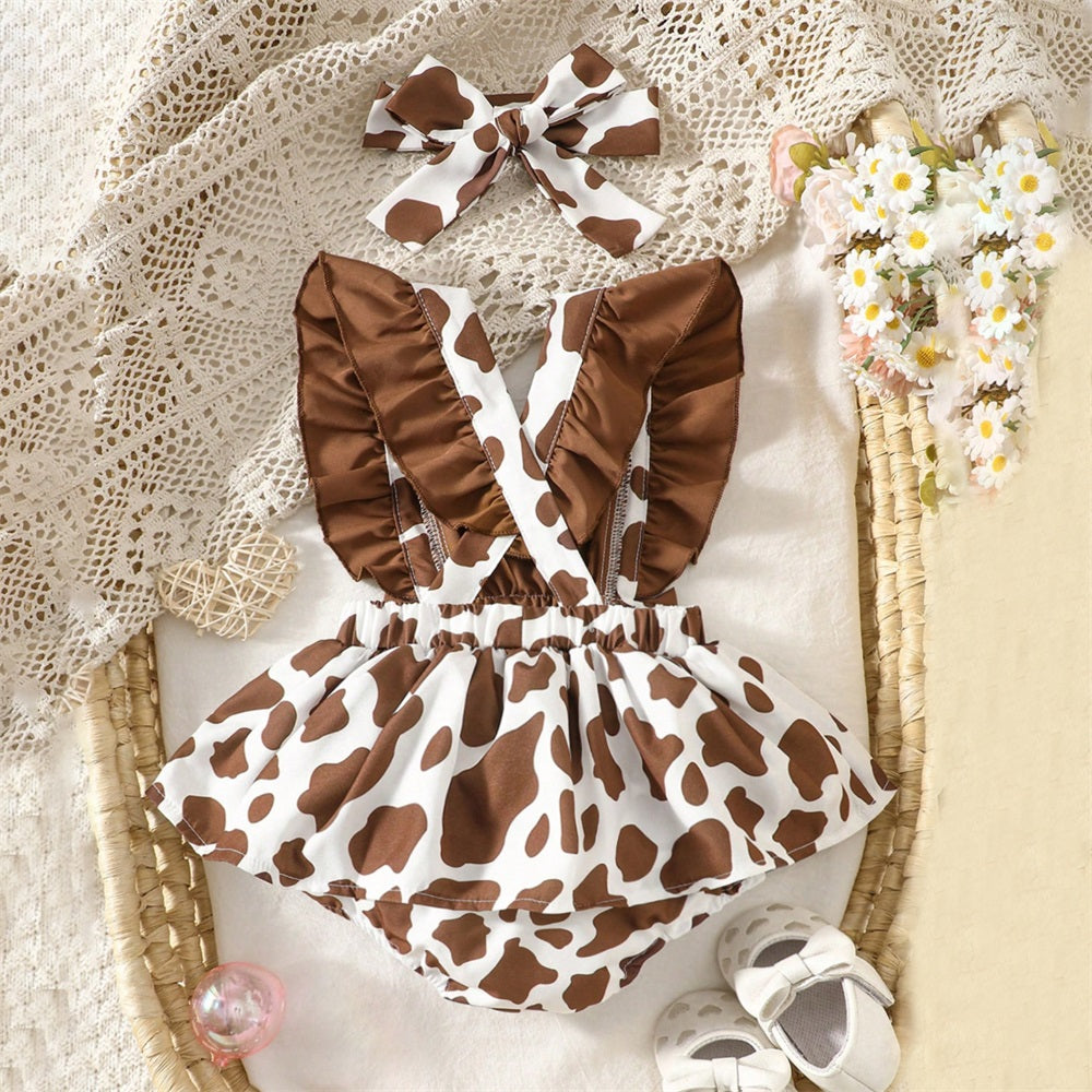 2PCS Cute Cow Printed Sleeveless Baby Romper