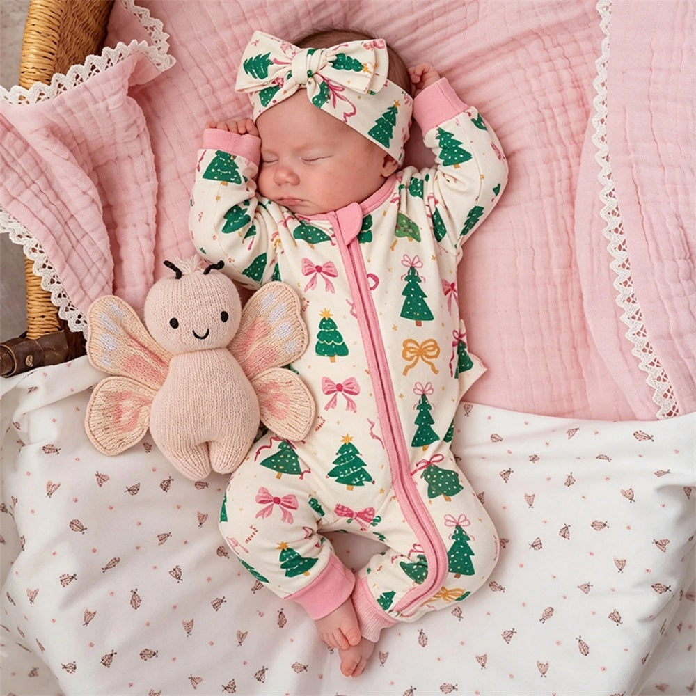 2PCS Baby Girl Christmas Print Long Sleeve Jumpsuit
