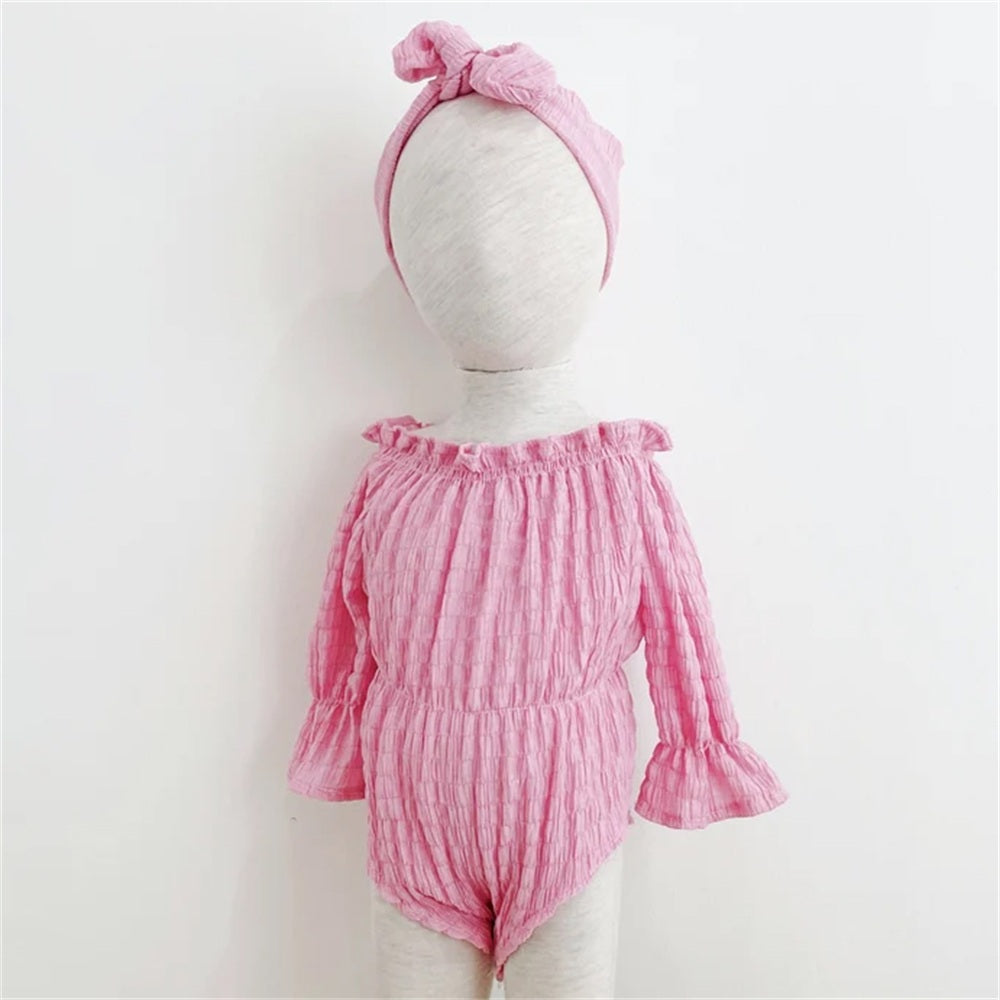 2PCS Lovely Solid Color Crinkle Grid Baby Romper