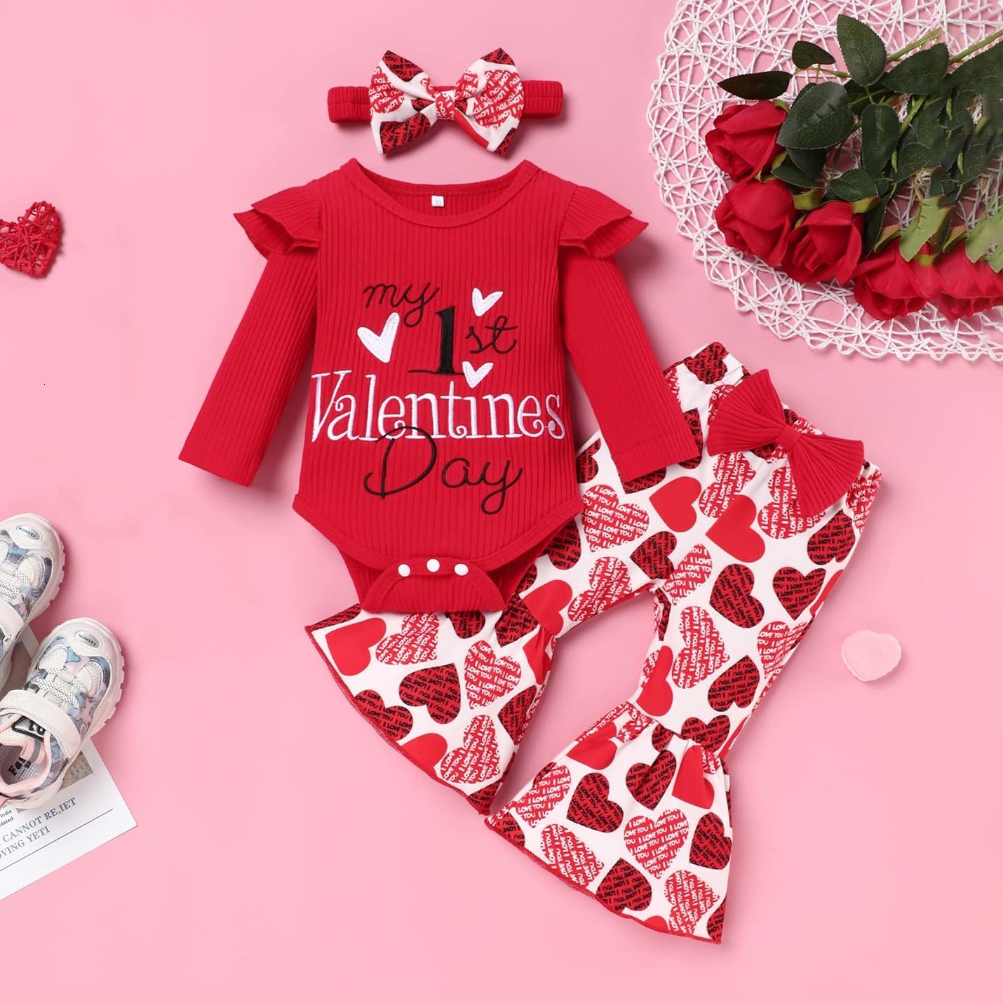 3PCS My 1st Valentine's Day Letter Heart Print Baby Girl Set