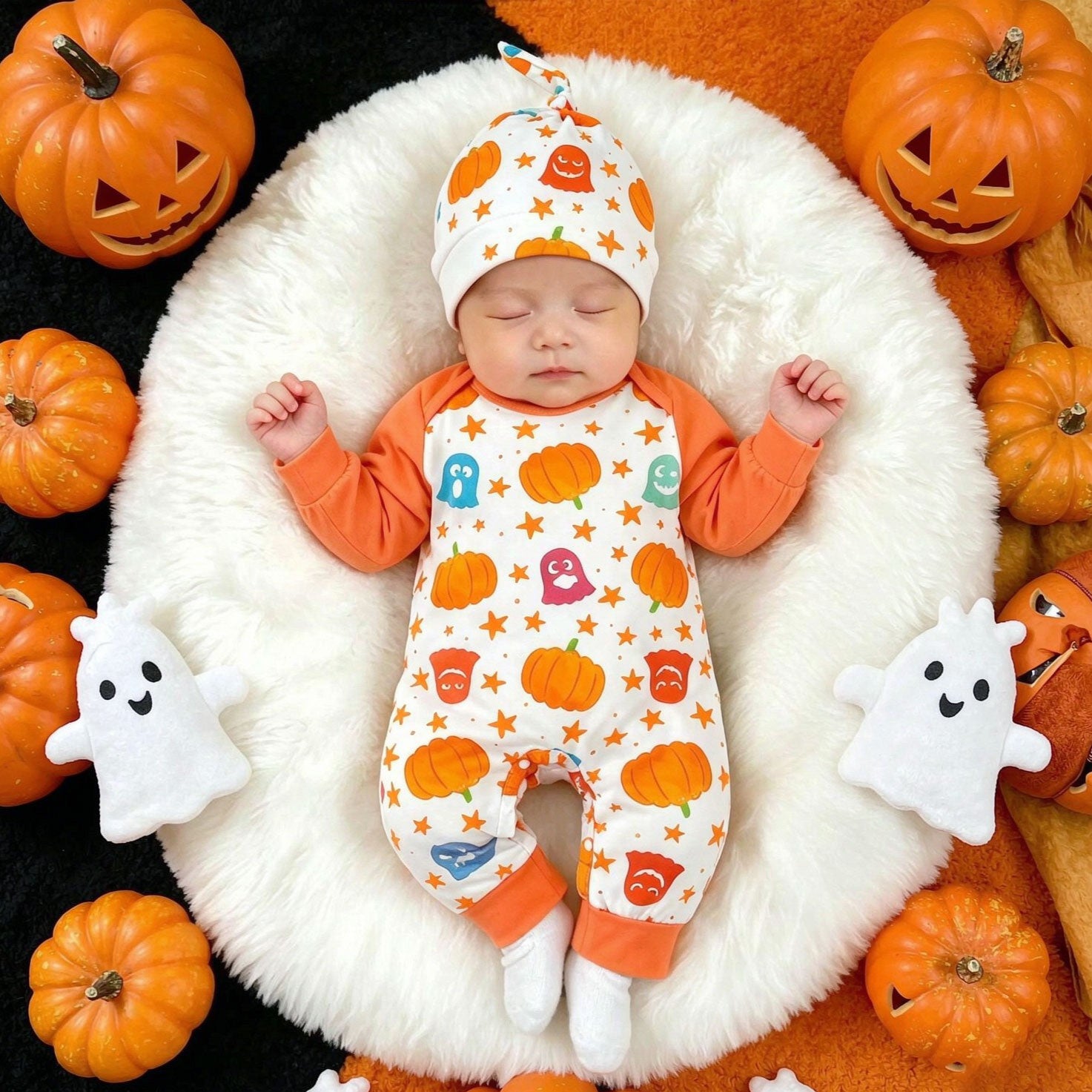 2PCS Cute Pumpkin and Ghost Print Long Sleeve Baby Jumpsuit
