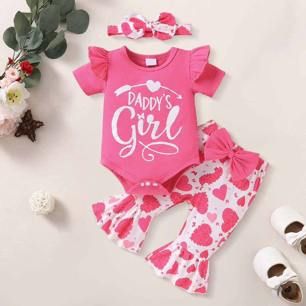 3PCS Daddy's Girl Letter Heart Print Short Sleeve Baby Set