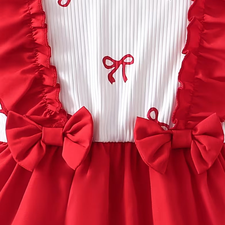 3PCS Pretty Bow Print Ruffle Long Sleeve Baby Girl Romper