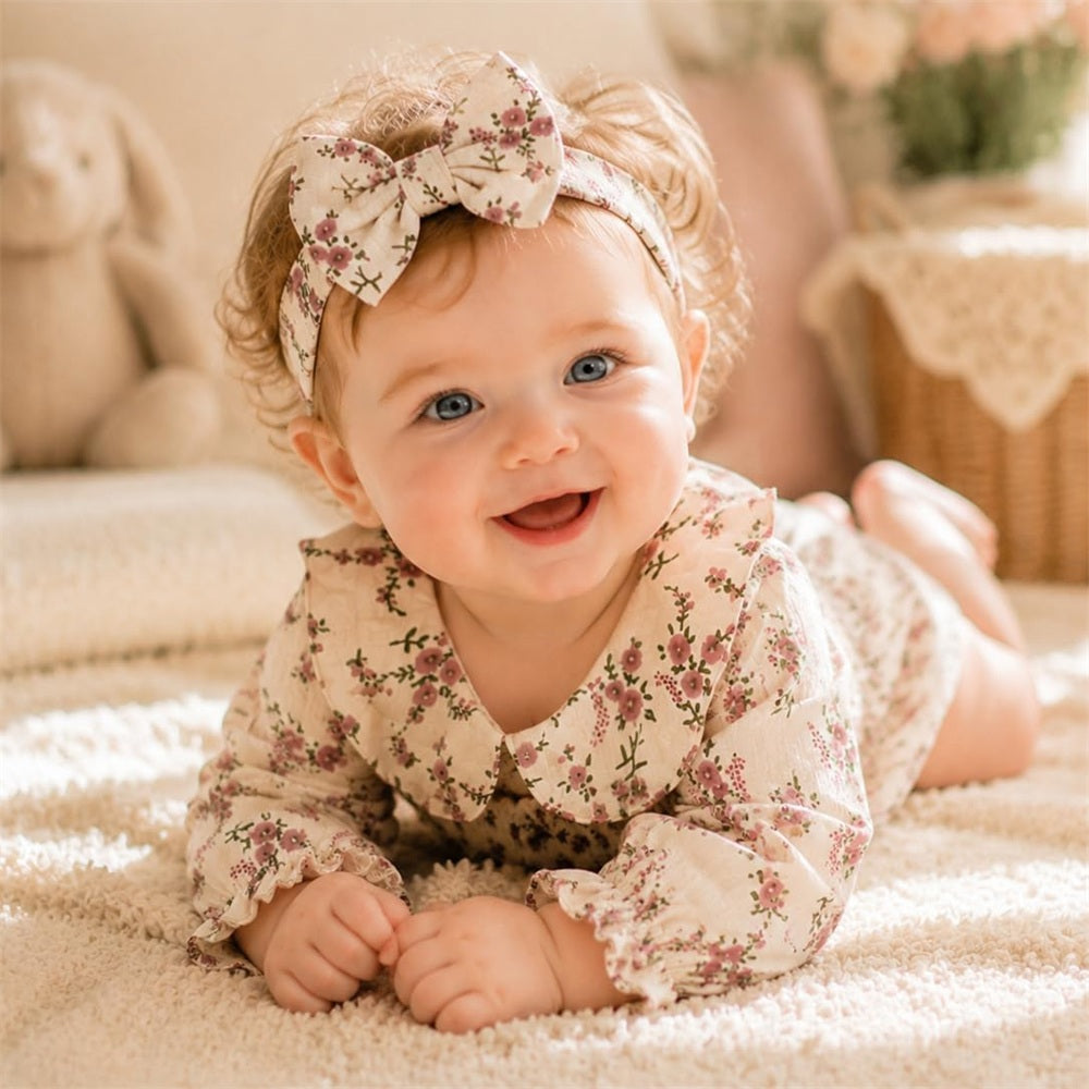 2PCS Quirky Floral Printed Long Sleeve Baby Girl Romper