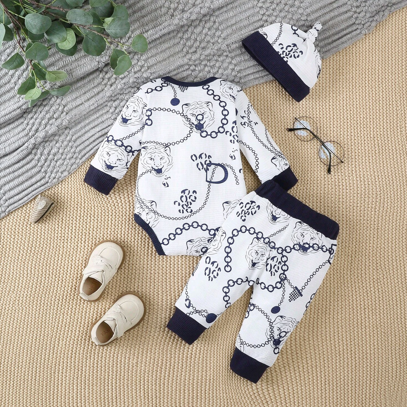 3PCS Cool Tiger and Chains Printed Long Sleeve Baby Boy Set