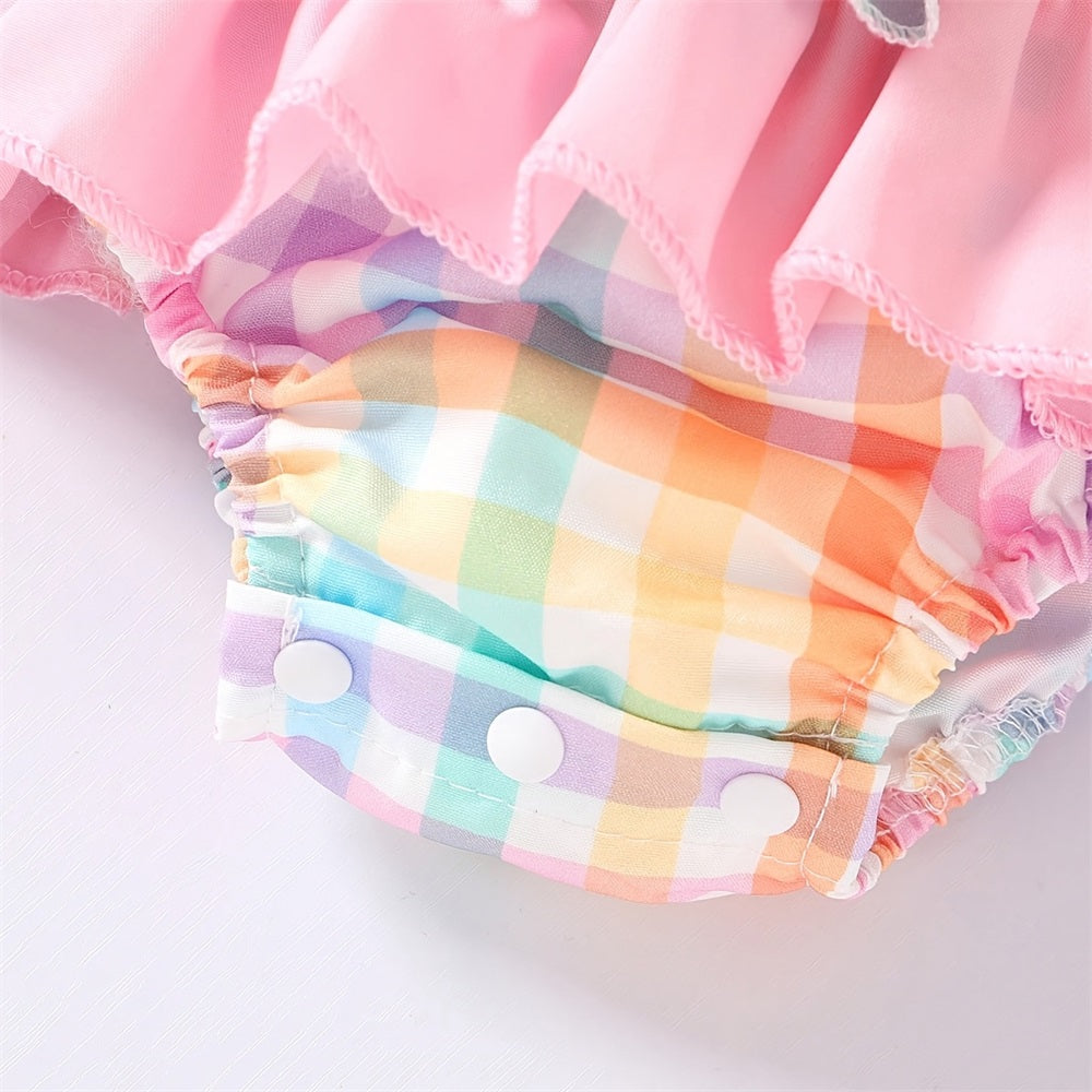 2PCS Sweet Plaid Printed Bow Frill Trim Sleeveless Baby Romper