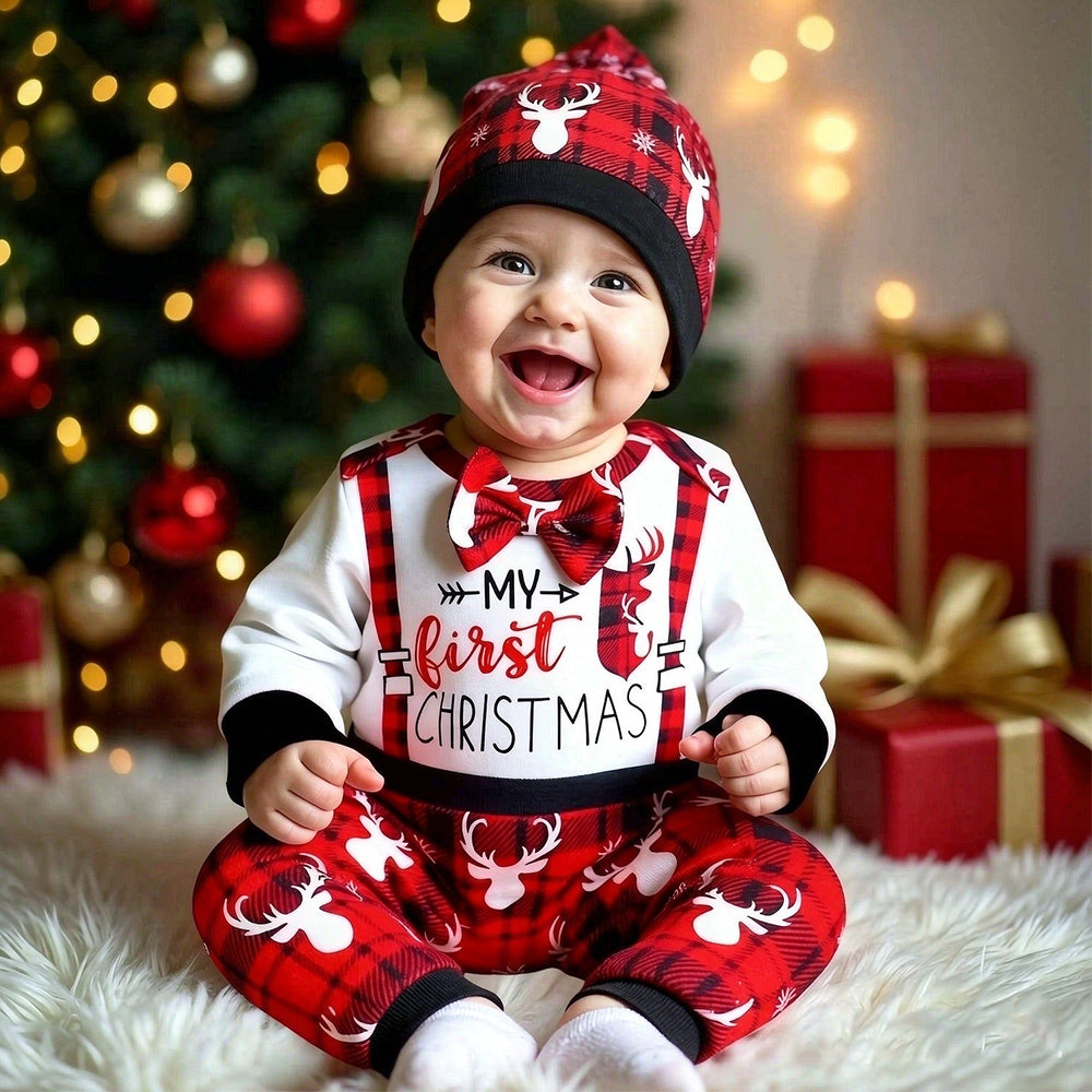2PCS My First Christmas Letter Reindeer Plaid Print Baby Boy Jumpsuit