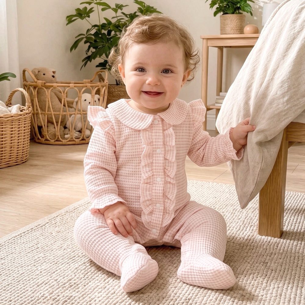 Comfy Solid Color Waffle Long Sleeve Ruffle Baby Girl Jumpsuit