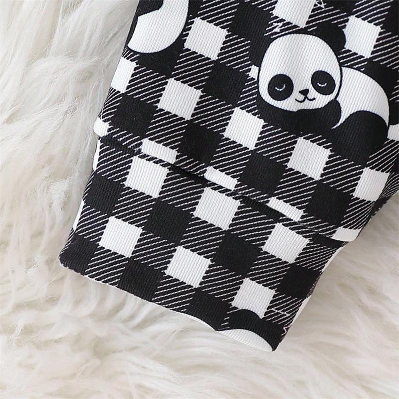 3PCS Play with Me Letter Panda Print Plaid Long Sleeve Baby Set