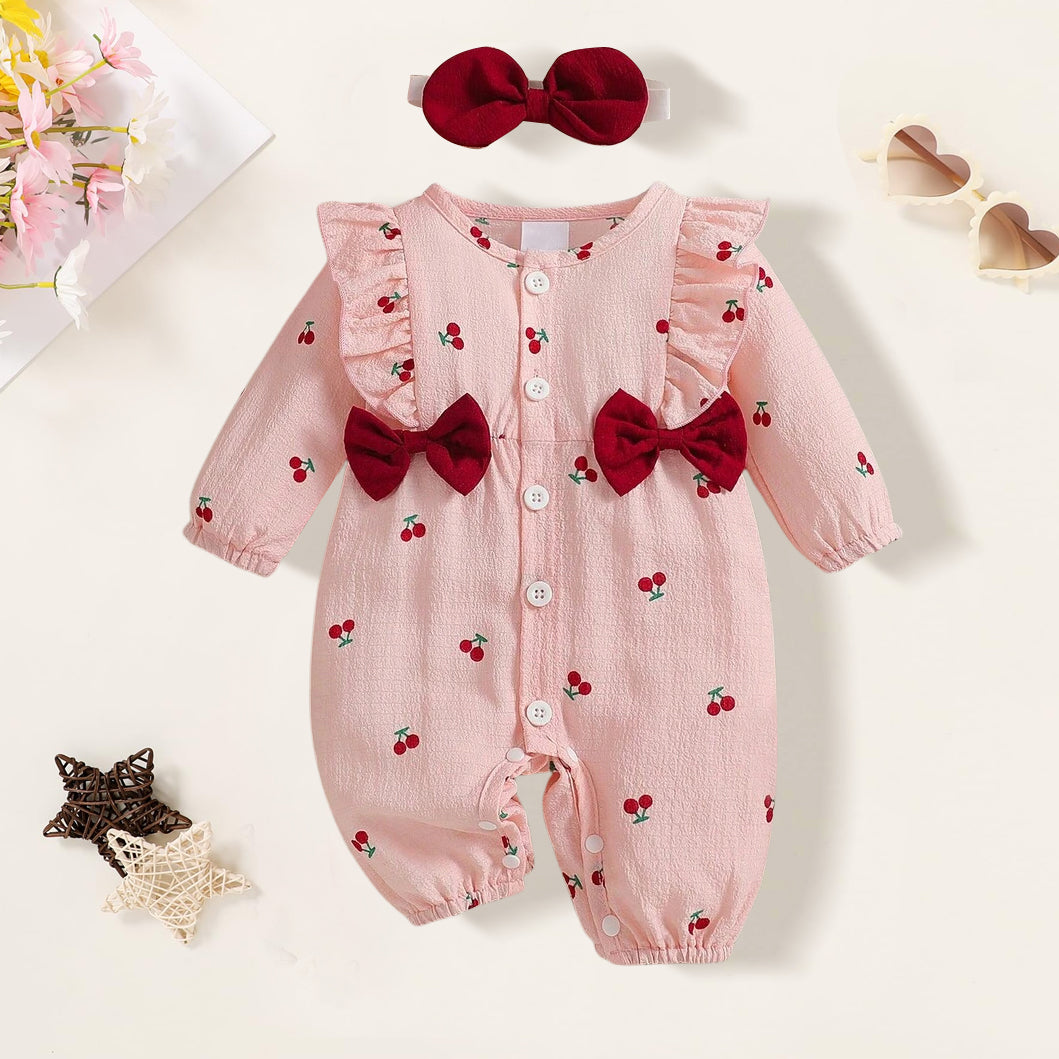 2PCS Elegant Cherry Print Long Sleeve Baby Jumpsuit
