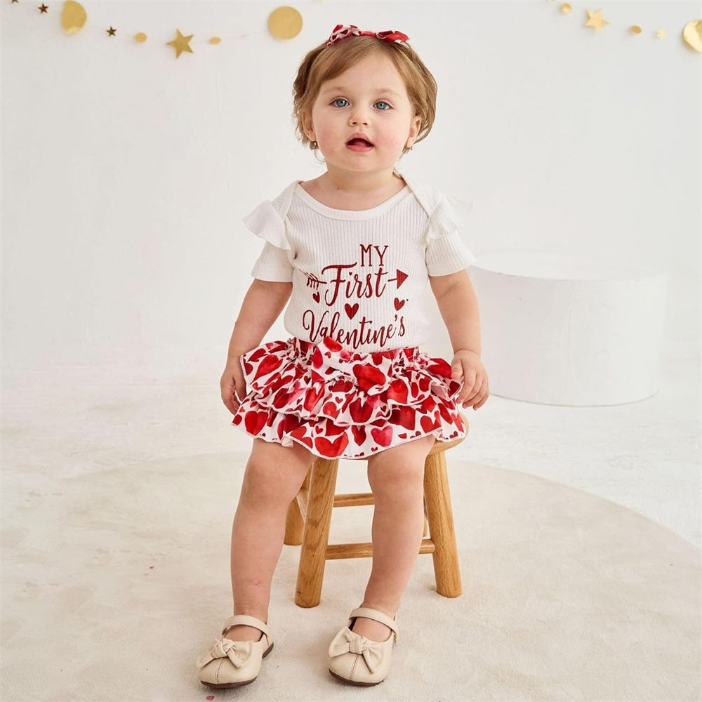 3PCS My First Valentine Letter Heart Print Short Sleeve Baby Set