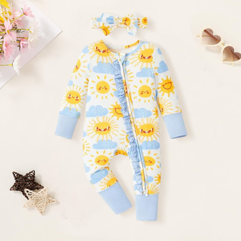 2PCS Sun Cloud Printed Zipper Bamboo Viscose Baby Jumpsuit