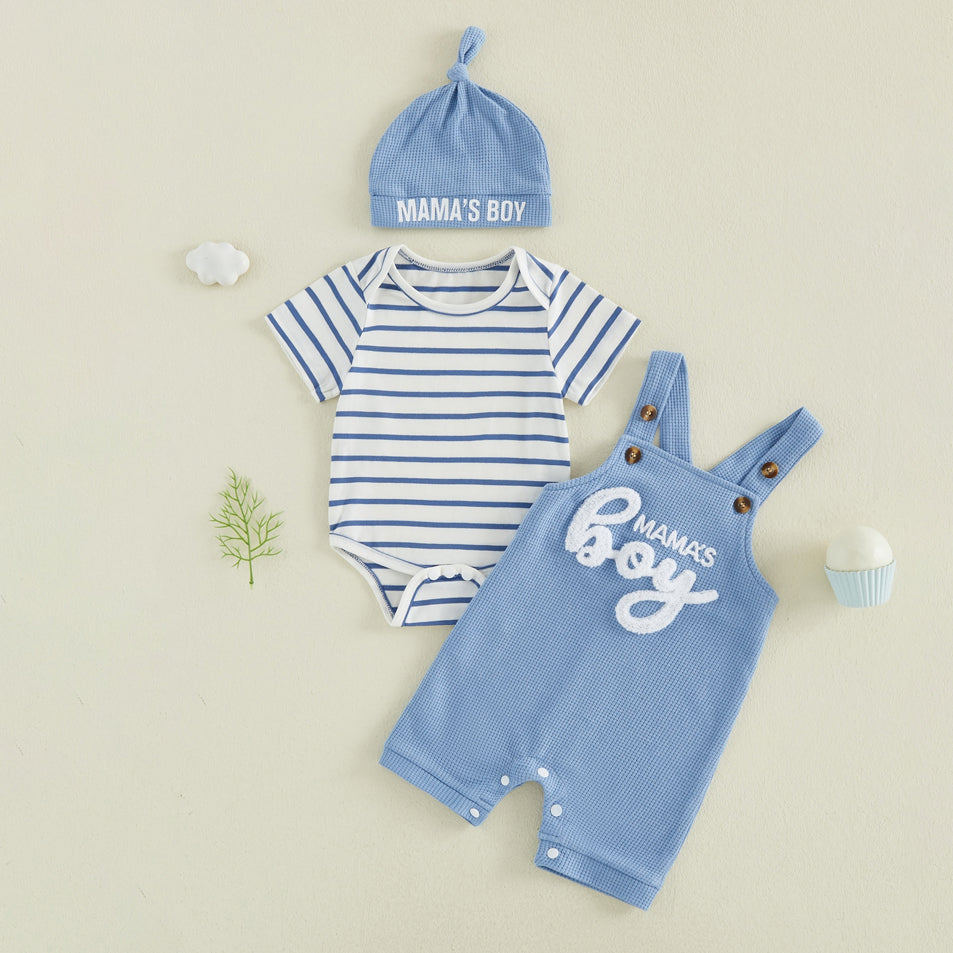 3PCS Cozy Mama's Boy Letter Stripe Print Baby Overalls Set