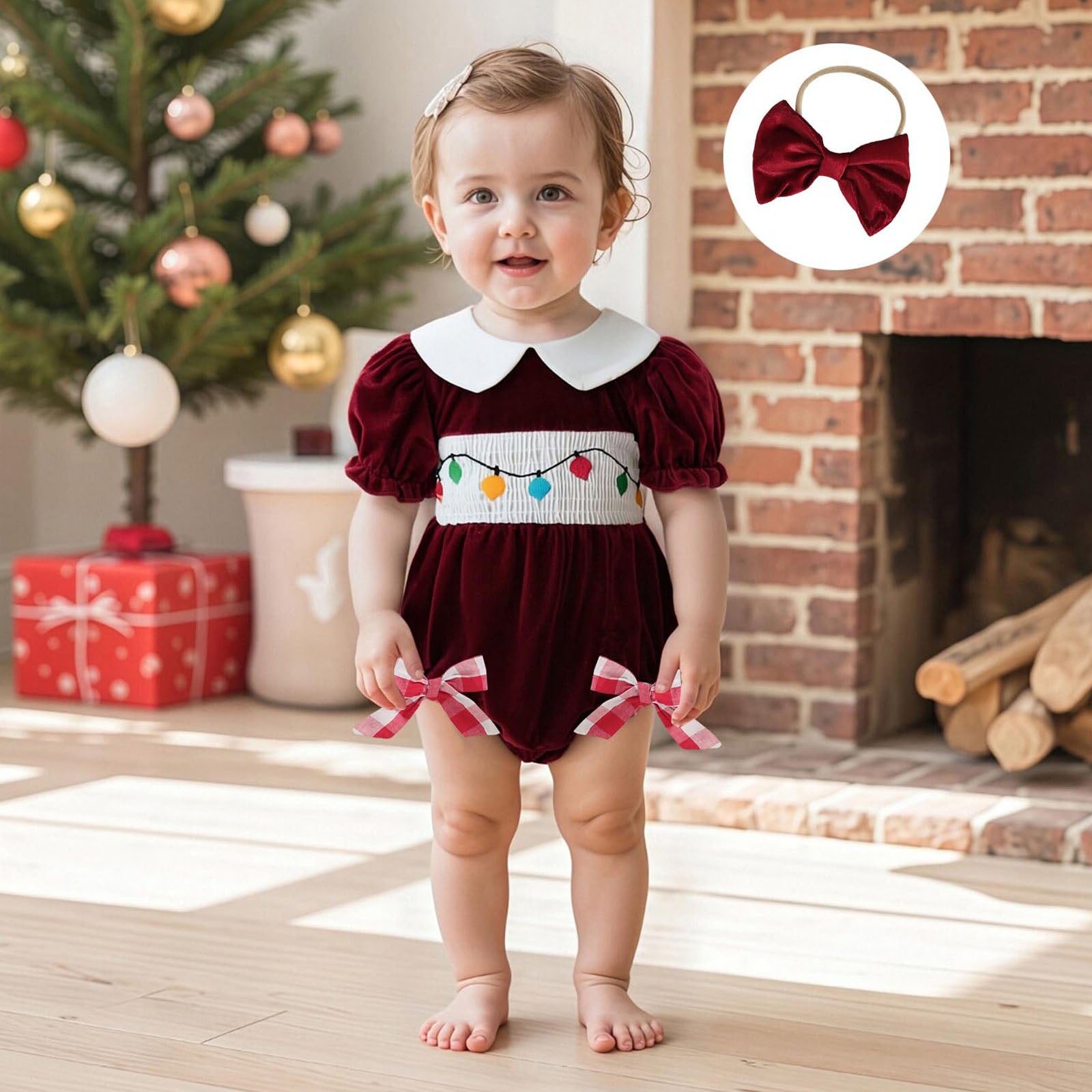 2PCS Christmas Plaid Printed Solid Color Velvet Baby Romper