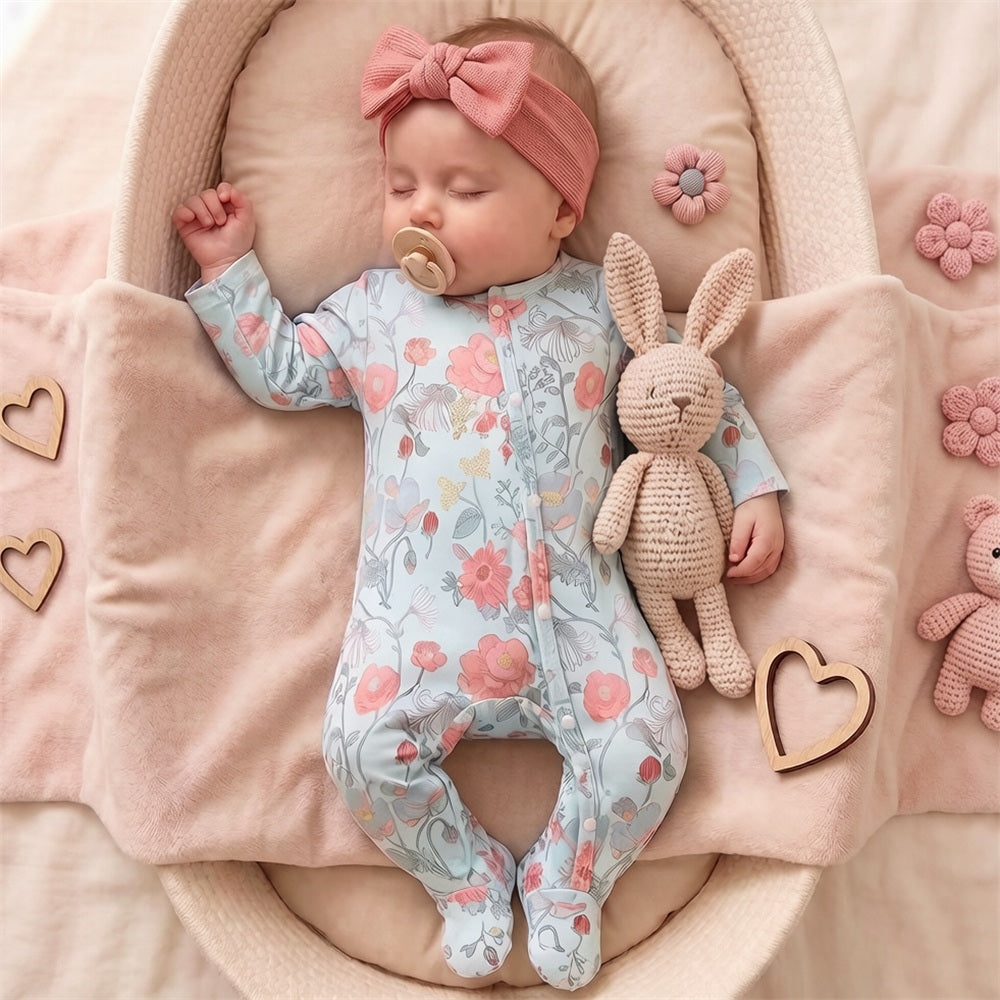 Graceful Floral Print Long Sleeve Baby Jumpsuit