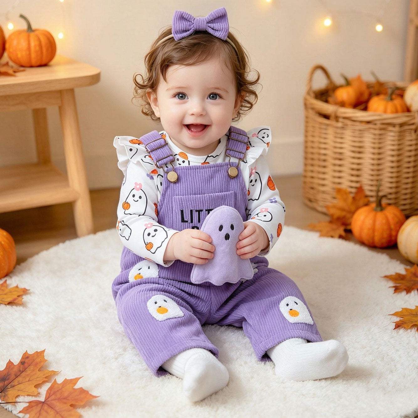 3PCS Little Boo Letter Embroidered Ghost Print Corduroy Overalls Baby Set