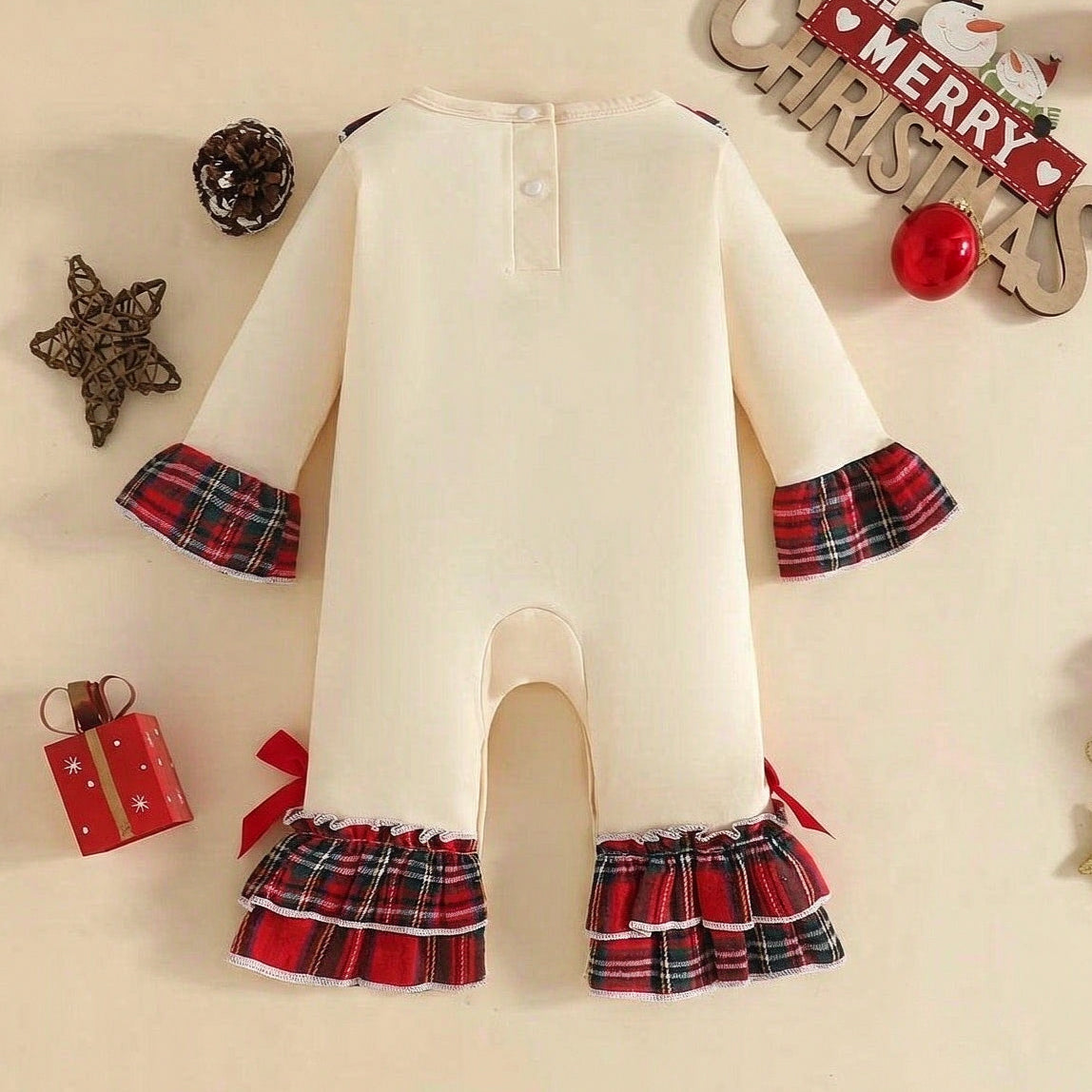 Baby Girl Letter Embroidery Santa Applique Plaid Print Long Sleeve Jumpsuit