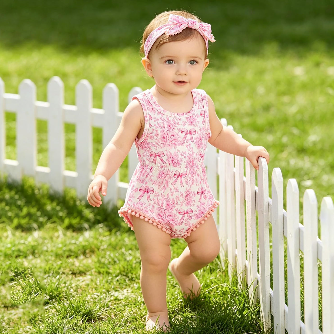 2PCS Grace Bow & Floral Printed Sleeveless Baby Romper