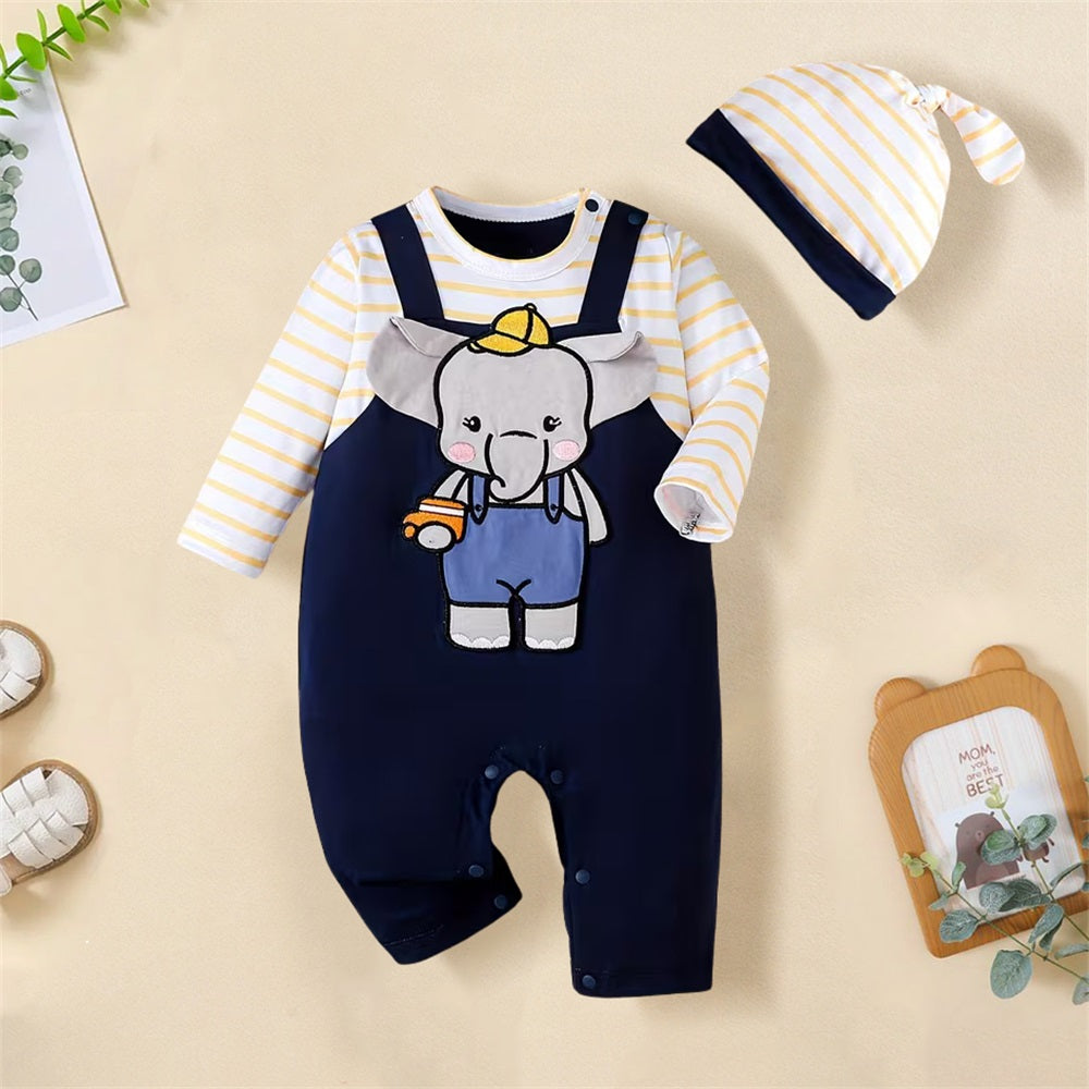 2PCS Cute Elephant Print Striped Long Sleeve Baby Jumpsuit