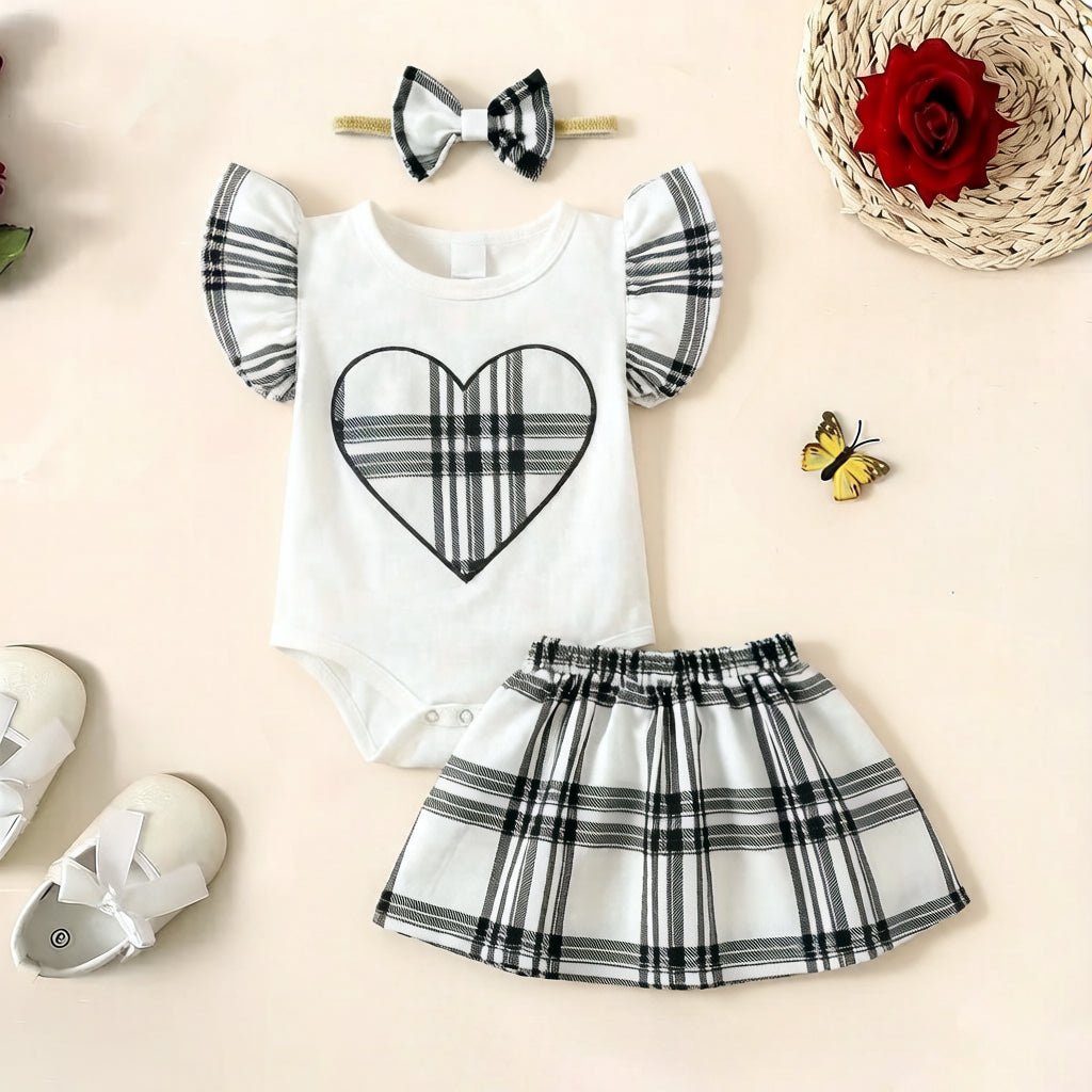 3PCS Adorable Heart Plaid Printed Short Sleeve Baby Set