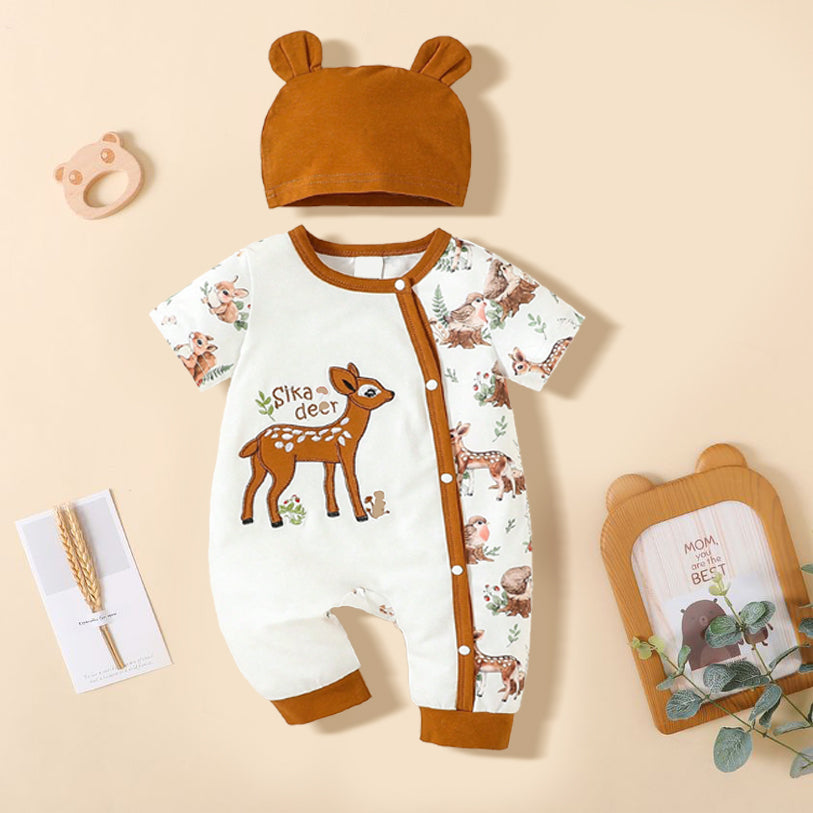 2PCS Cute Sika Deer Printed Short Sleeve Baby Jumpsuit