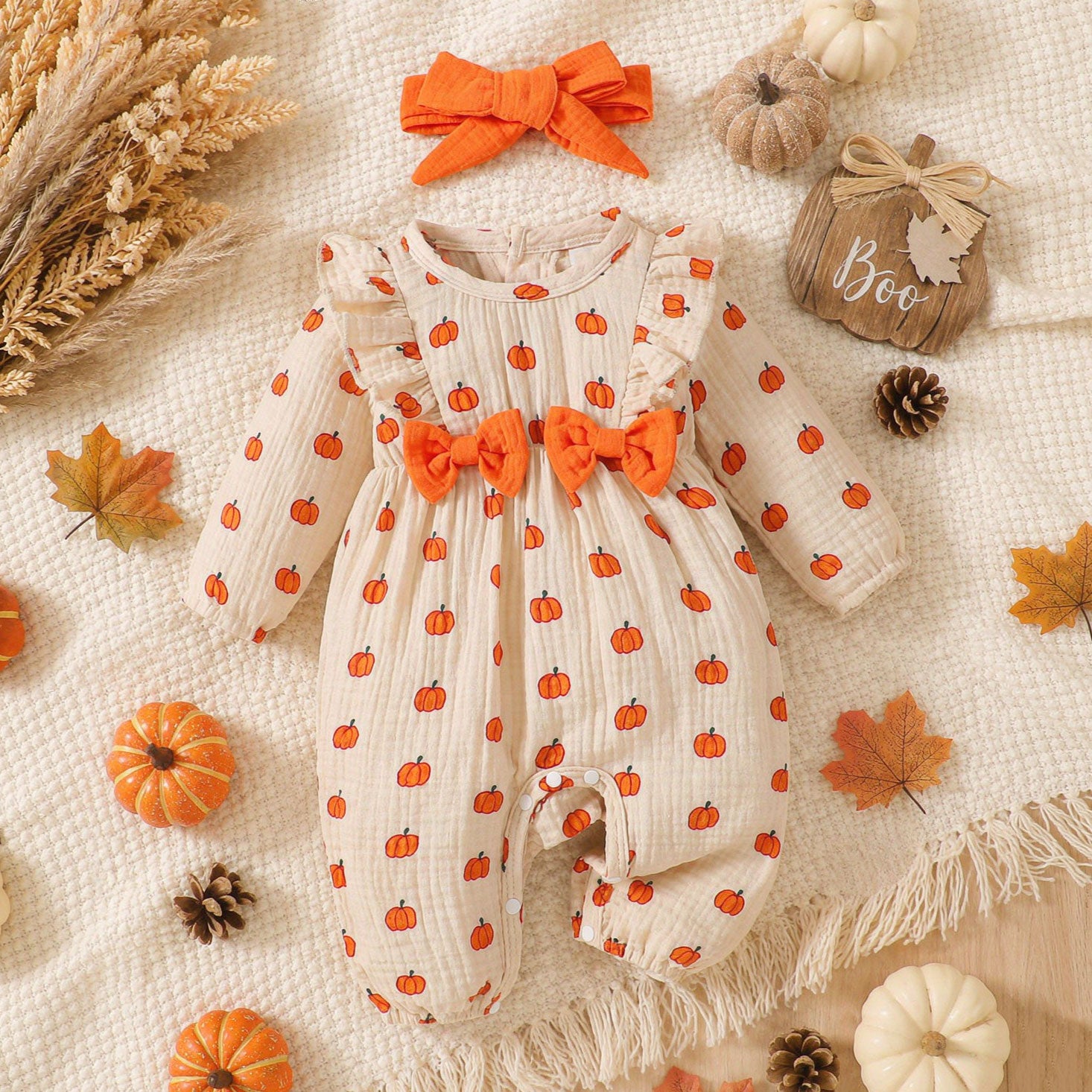 2PCS Sweet All-Over Pumpkin Print Long Sleeve Baby Jumpsuit