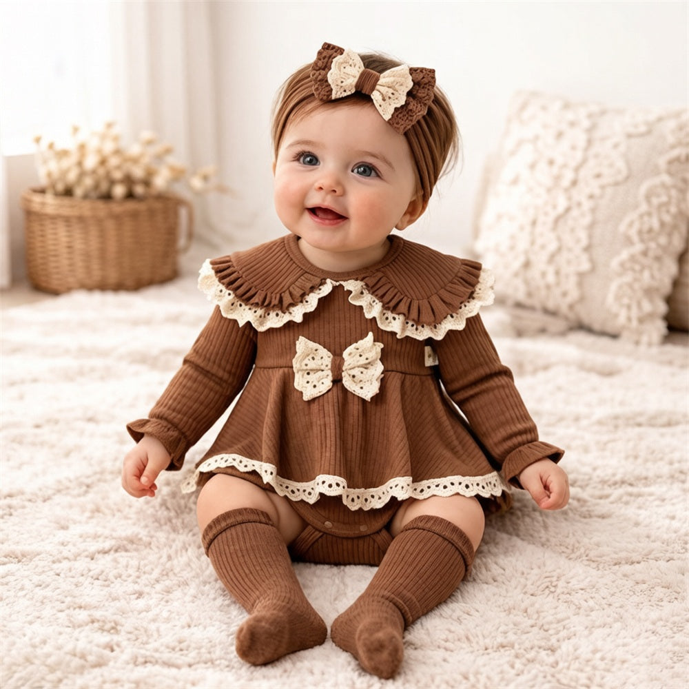 3PCS Lovely Solid Color Lace Bowknot Decor Baby Romper