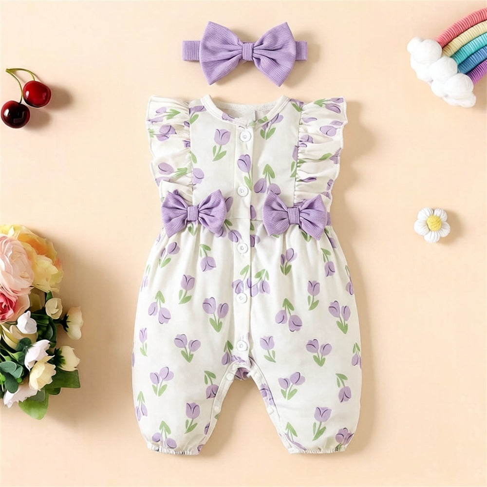 2PCS Classy Floral Print Bow Flutter Sleeve Baby Jumpsuit