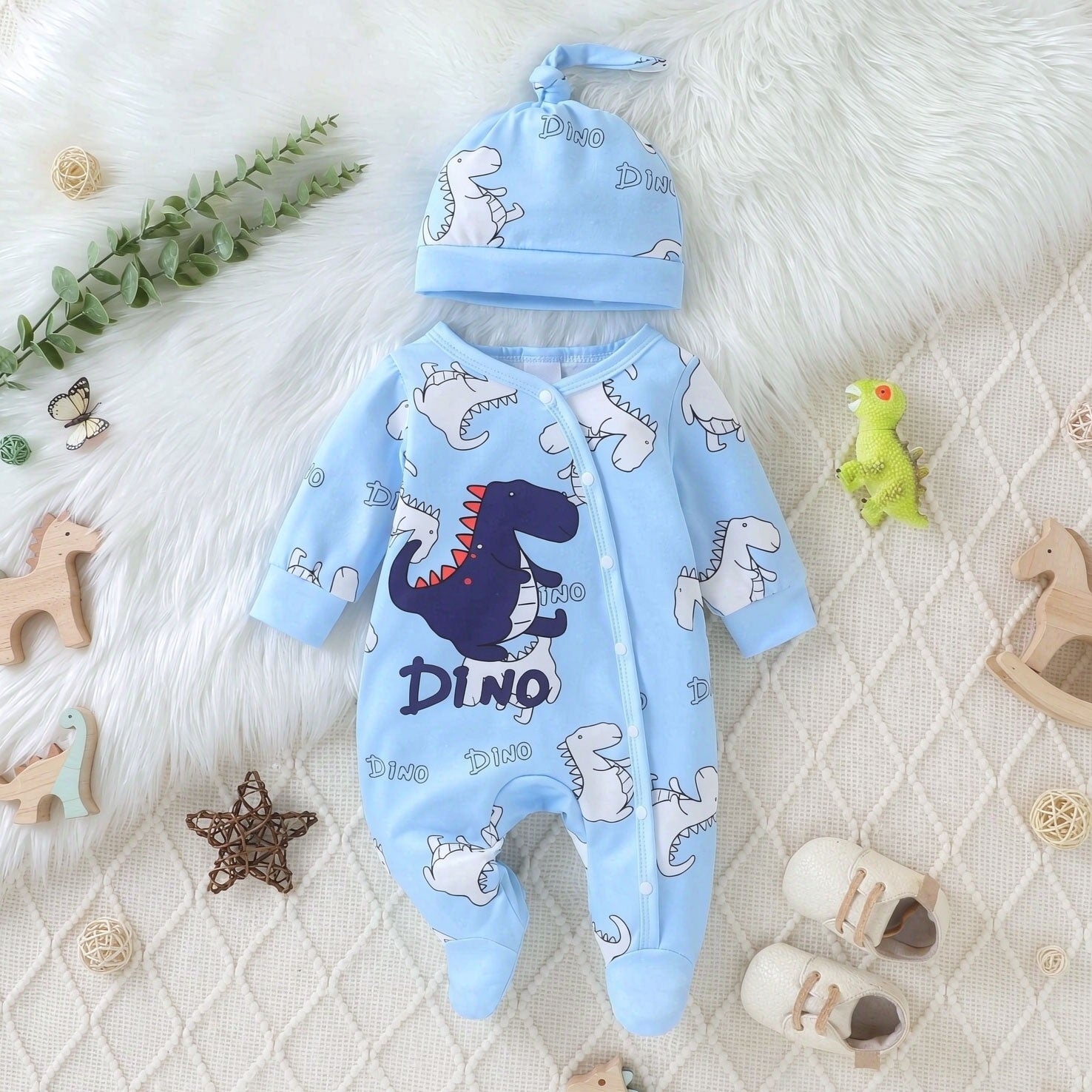 2PCS Stylish Dinosaur Printed Long Sleeve Baby Boy Jumpsuit