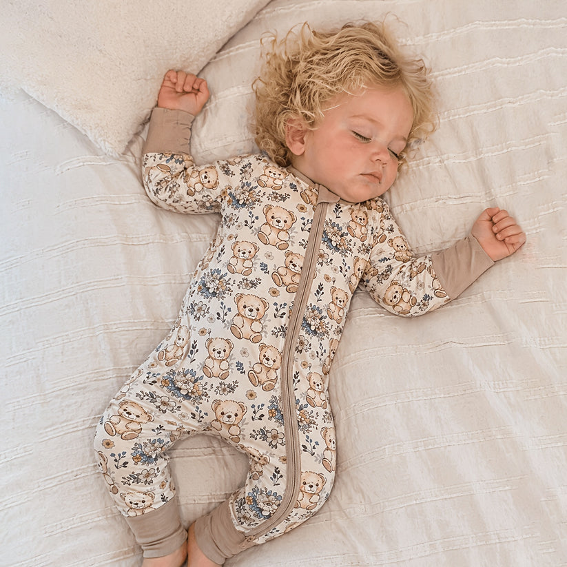 Lovely Bear & Floral Print Zipper Long Sleeve Baby Jumpsuit