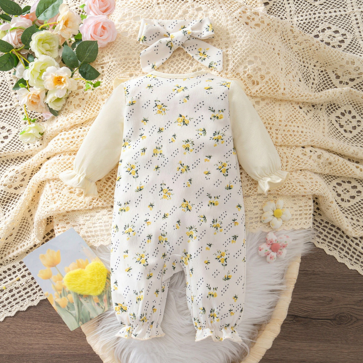 2PCS Cozy Floral and Polka Dots Print Long Sleeve Baby Jumpsuit