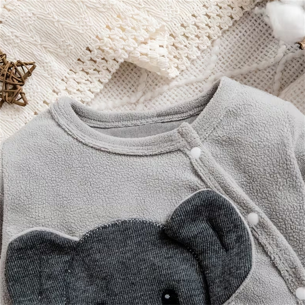 Cute Elephant Applique Polar Fleece Long Sleeve Baby Jumpsuit