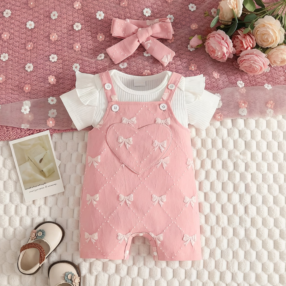 3PCS Pretty Bowknot Appliqué Short Sleeve Overalls Baby Set