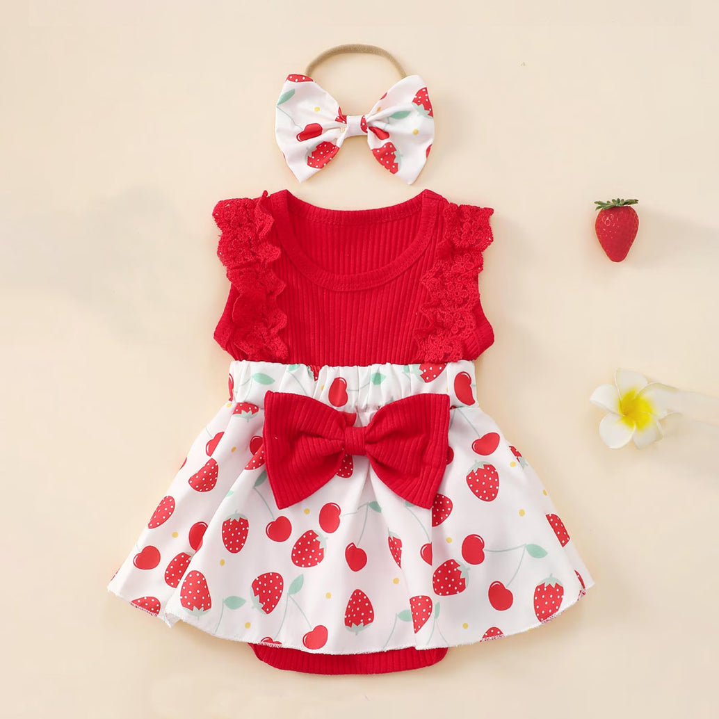 2PCS Cute Strawberry Cherry Print Sleeveless Baby Romper