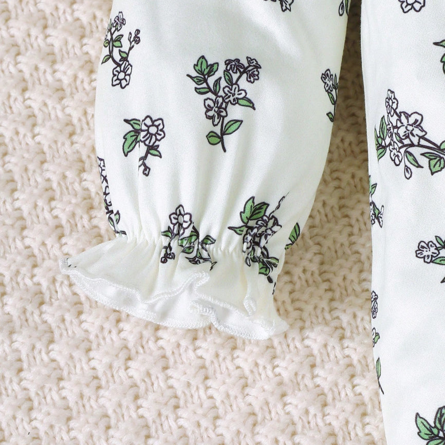 2PCS Floral Print Green Bowknot Long Sleeve Baby Jumpsuit