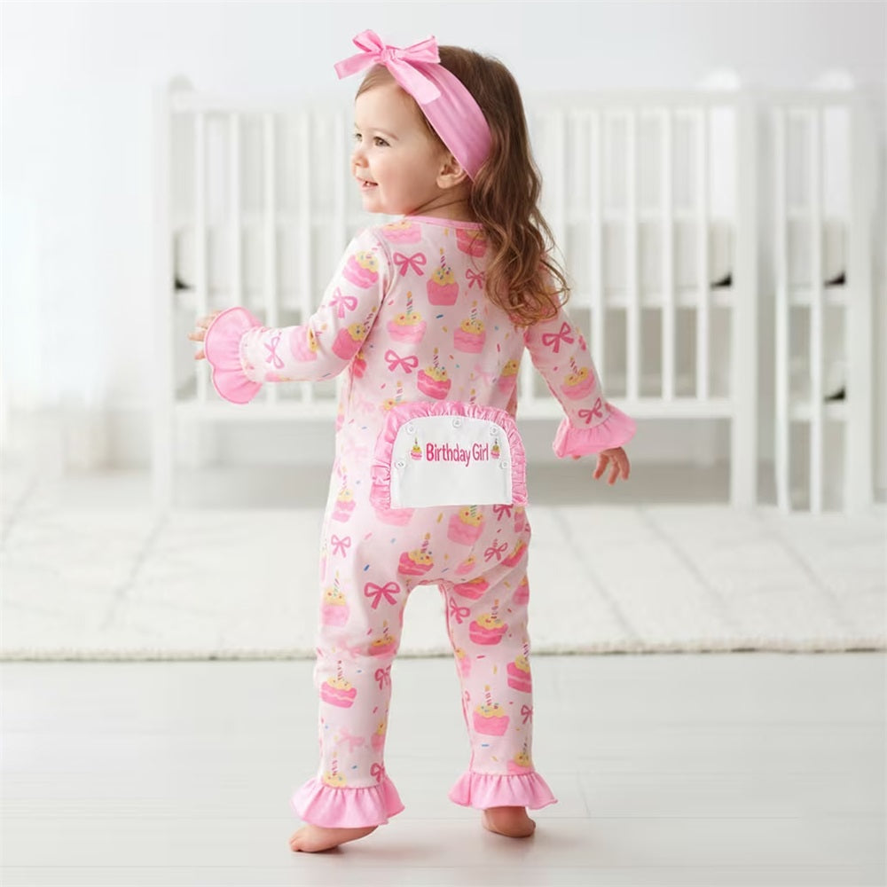 2PCS Sweet Cake and Bow Print Long Sleeve Baby Jumpsuit