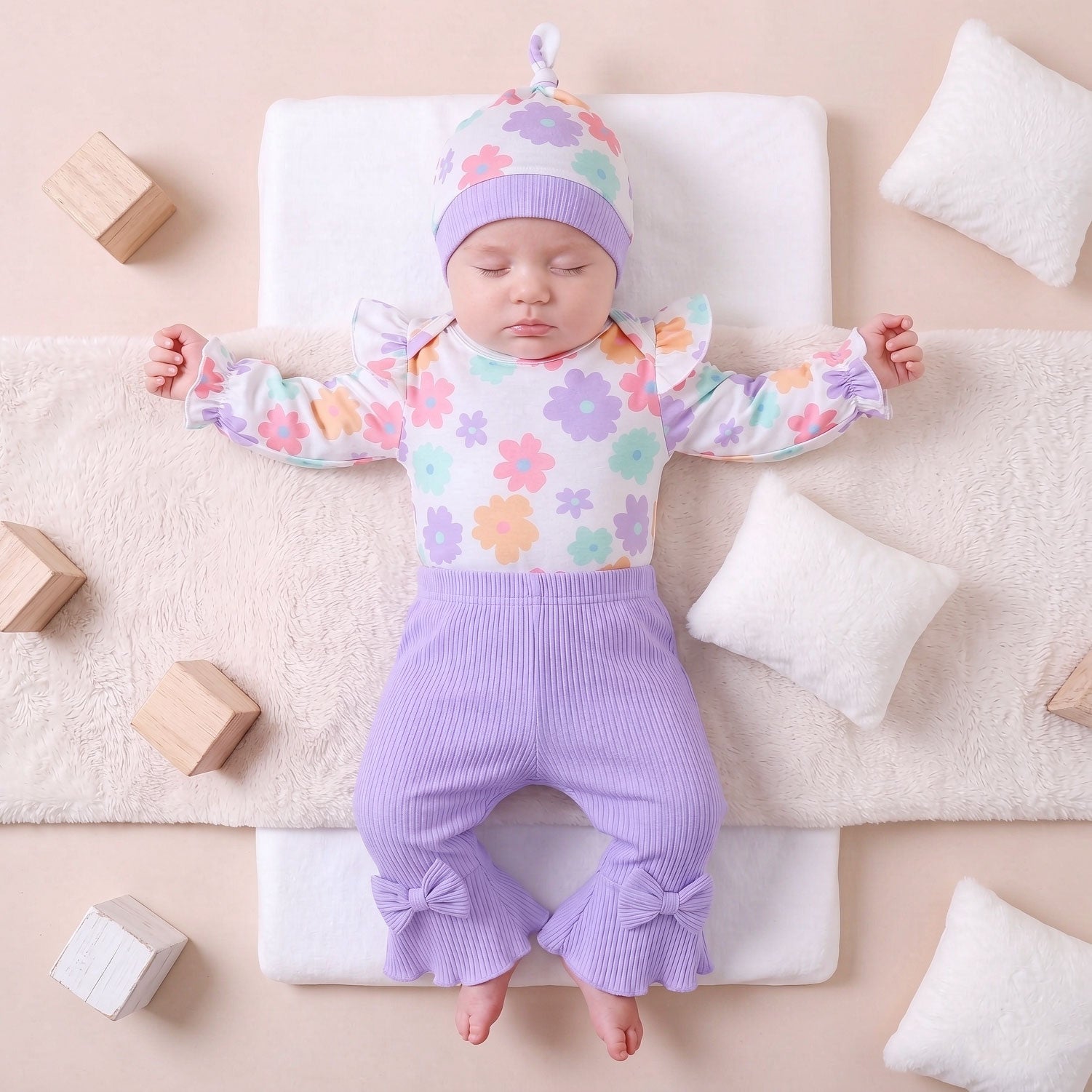 4PCS Bubbly Floral Printed Long Sleeve Baby Set
