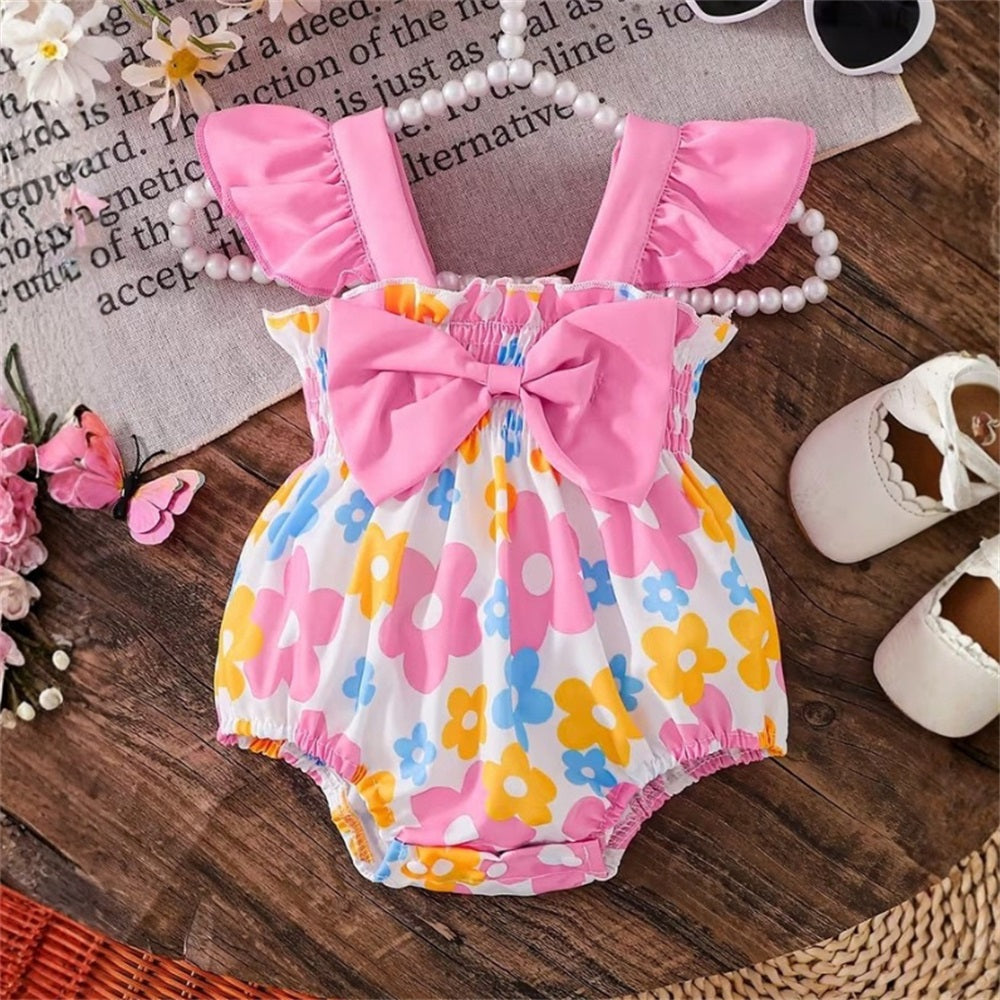 Cute Floral Printed Bow Fly Sleeve Baby Romper